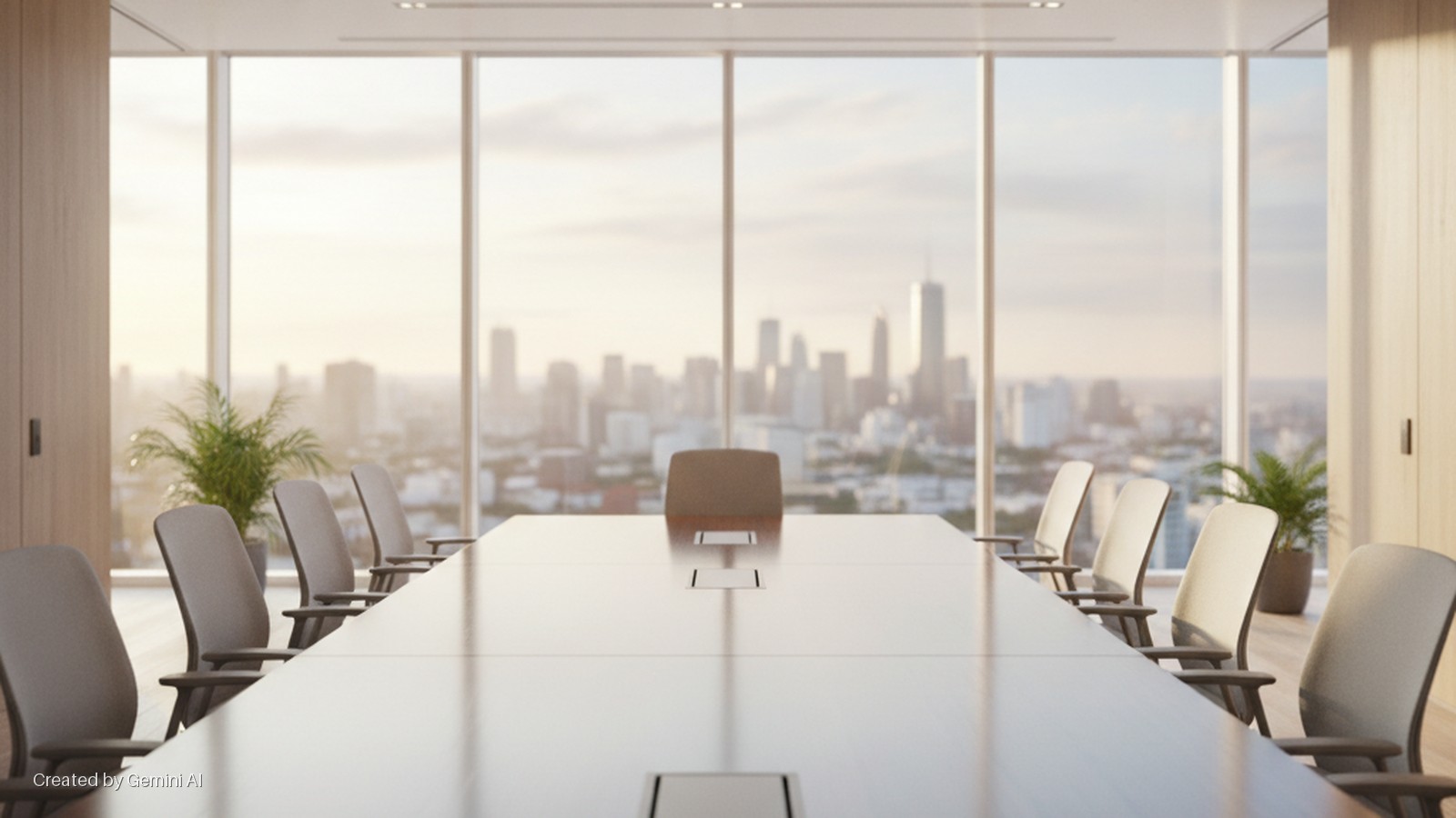 A modern conference room features a long wooden table with multiple office chairs, light-colored walls, and large windows revealing a soft-lit, blurred city skyline with potted plants.