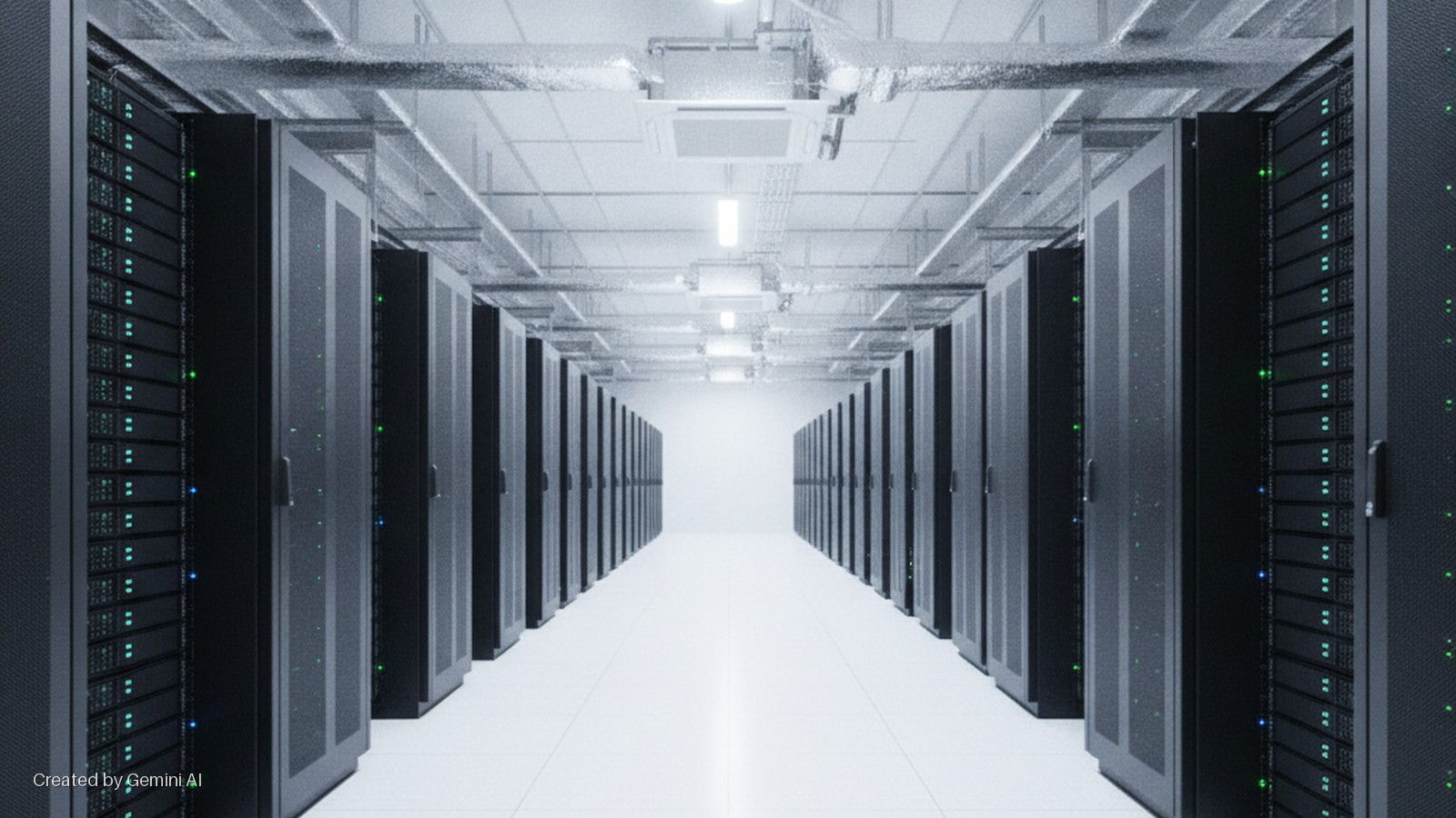 A brightly lit data center aisle extends into the distance, lined on both sides with black server racks displaying green and blue indicator lights, with overhead fluorescent lighting and exposed ventilation ducts.