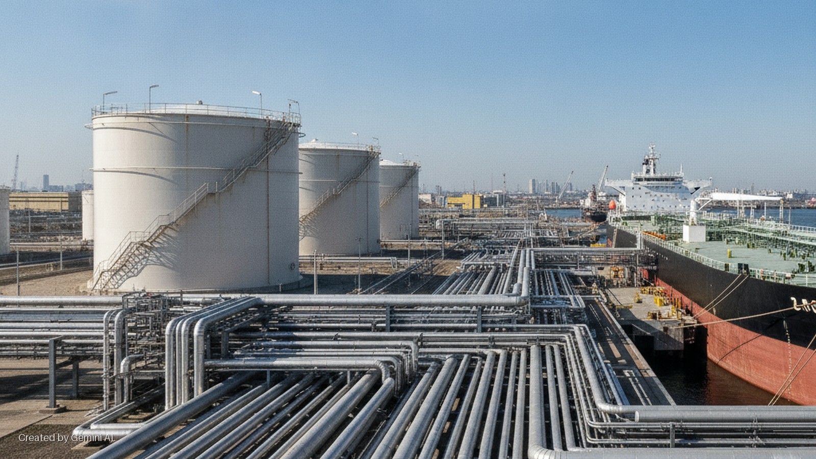 Several large white oil storage tanks and an extensive network of pipelines at an industrial port, with an oil tanker docked, under a bright daytime sky.