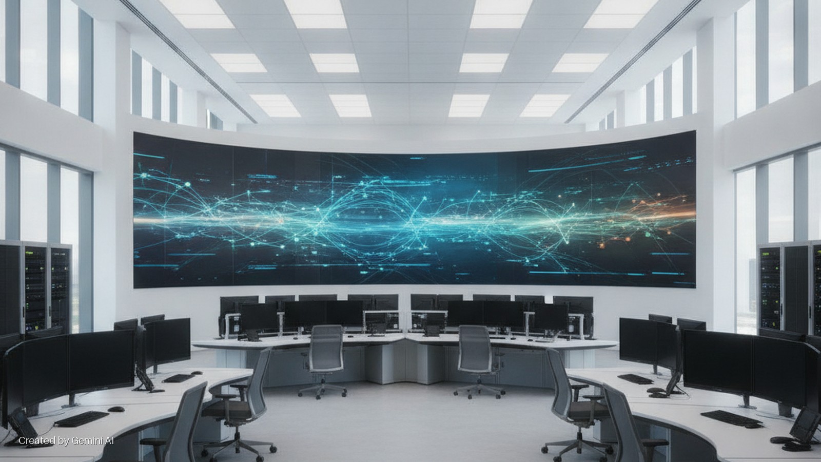 A brightly lit, modern control room features a large curved screen displaying a network graphic, multiple workstations with black monitors and chairs, and server racks on either side, with natural light entering through tall windows and ove