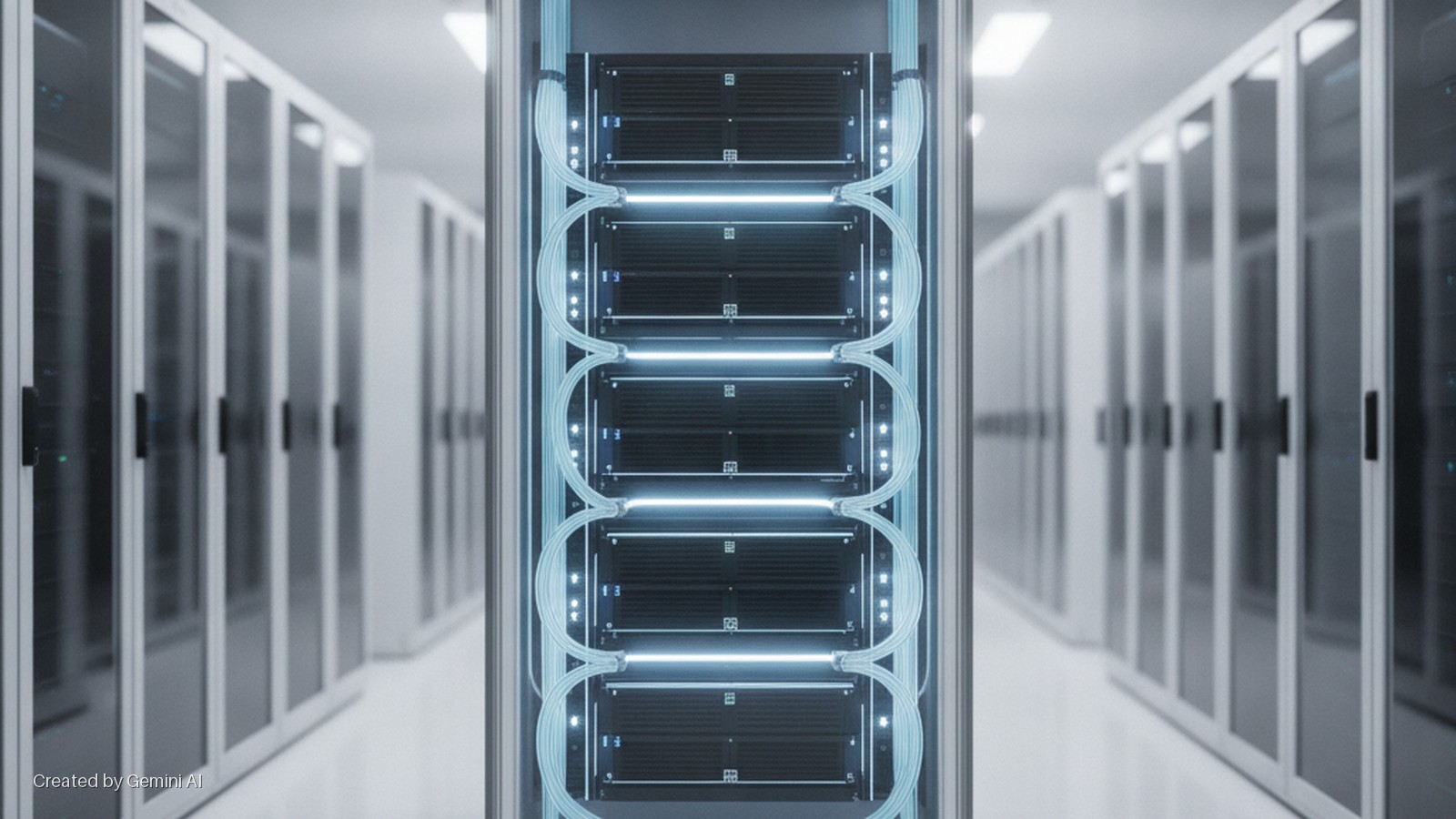 A brightly lit data center aisle features a central server rack with glowing blue cables connecting multiple servers, flanked by rows of other server racks.