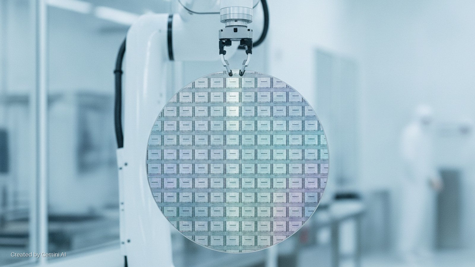 A robotic arm grips a circular silicon wafer patterned with multiple integrated circuits, set in a brightly lit cleanroom with a blurred person in a cleanroom suit in the background.