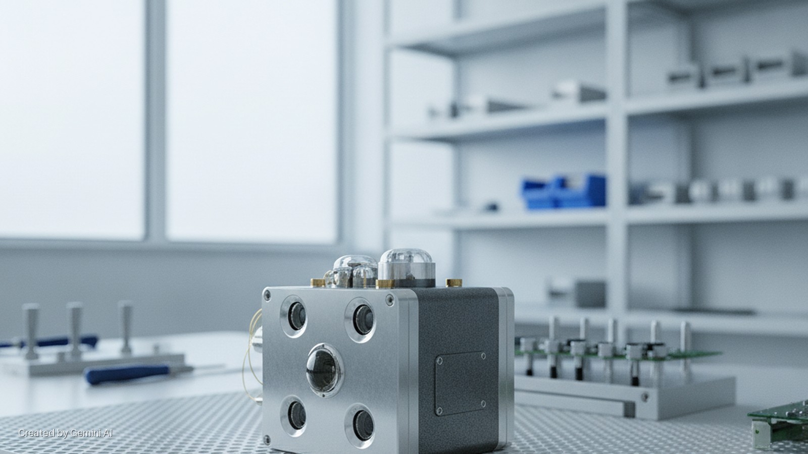 A silver and black cuboid device with multiple optical sensors and clear domed components rests on a perforated workbench in a brightly lit laboratory, with blurred windows and organized shelves of tools and electronic parts in the backgrou