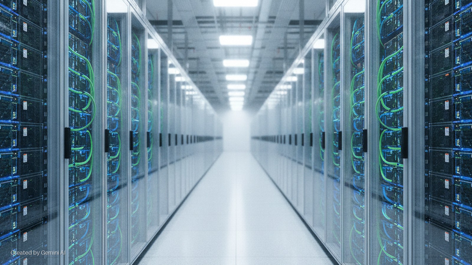 A brightly lit data center hallway stretches into the distance, lined on both sides by server racks displaying blue-lit components and vibrant green cables.