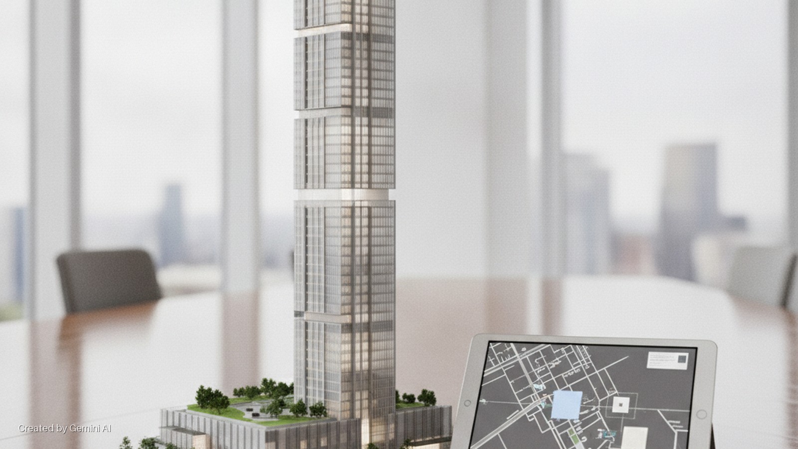 A model of a skyscraper with green spaces, a tablet showing a map, and a dark office chair are on a wooden conference table in a brightly lit office with a city view.
