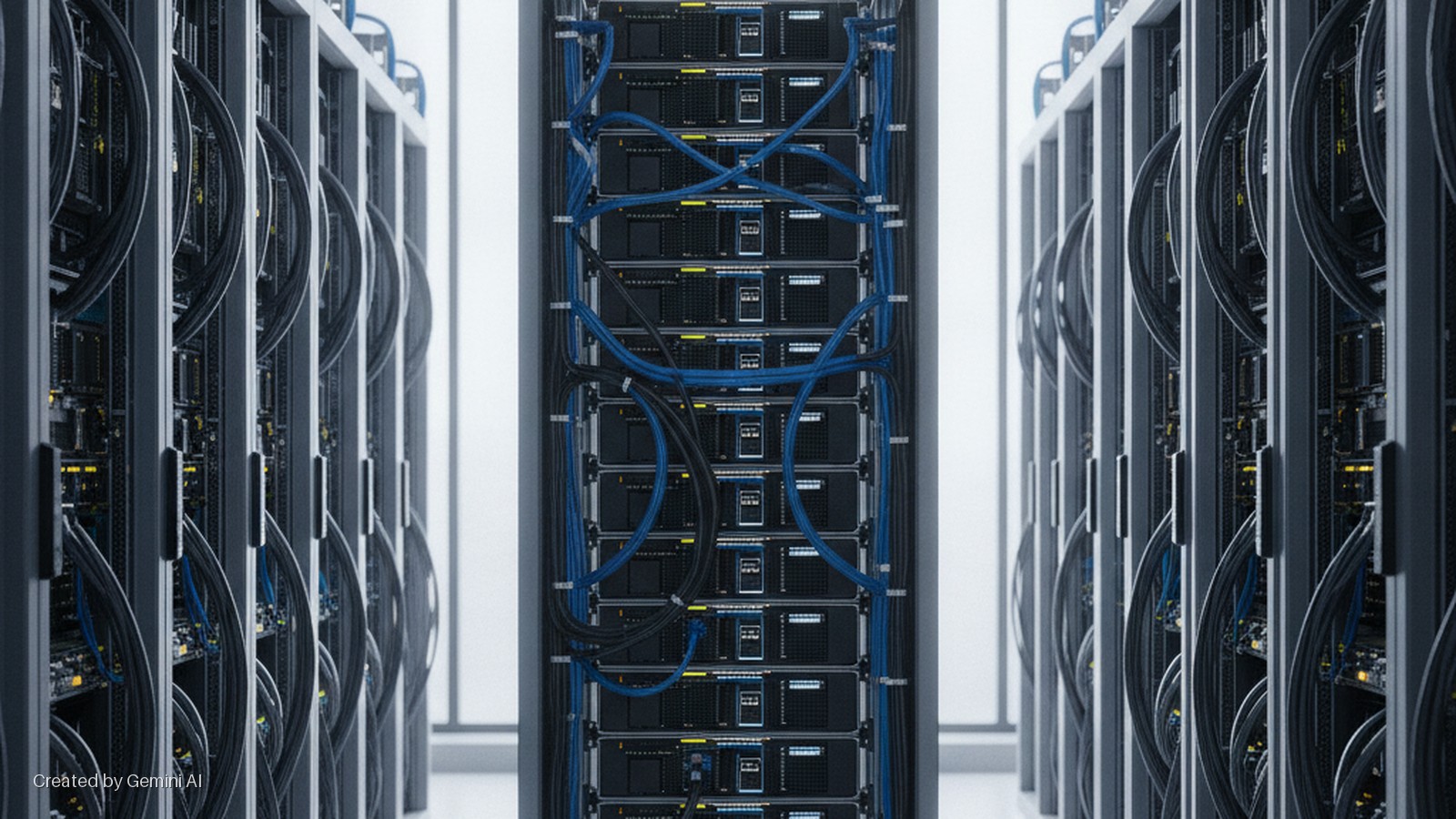 A brightly lit data center aisle with multiple server racks, the central rack featuring organized blue and black network cables.