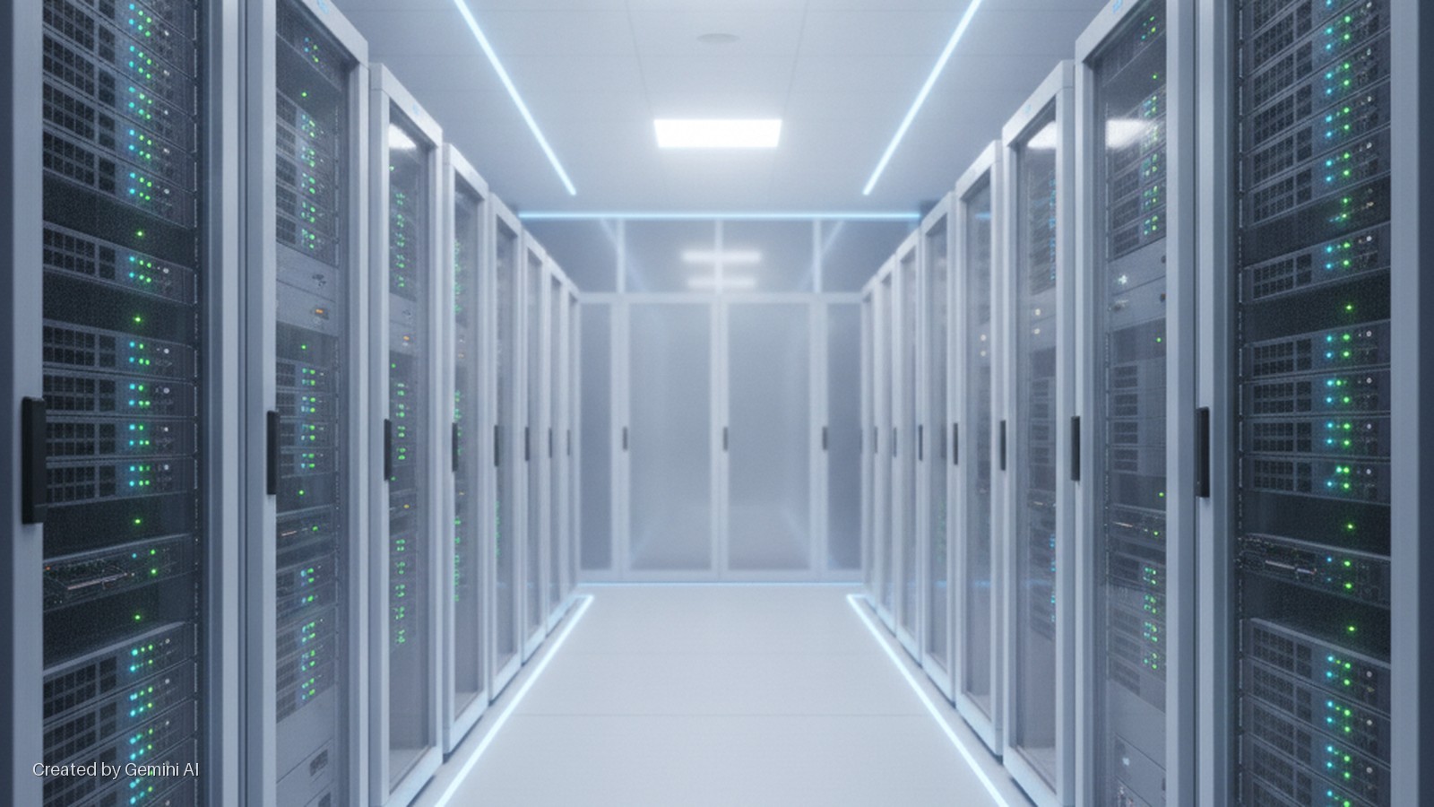 A brightly lit data center corridor is lined with rows of server racks displaying blinking green and blue lights, illuminated by overhead white panels and blue LED strips along the floor and ceiling.