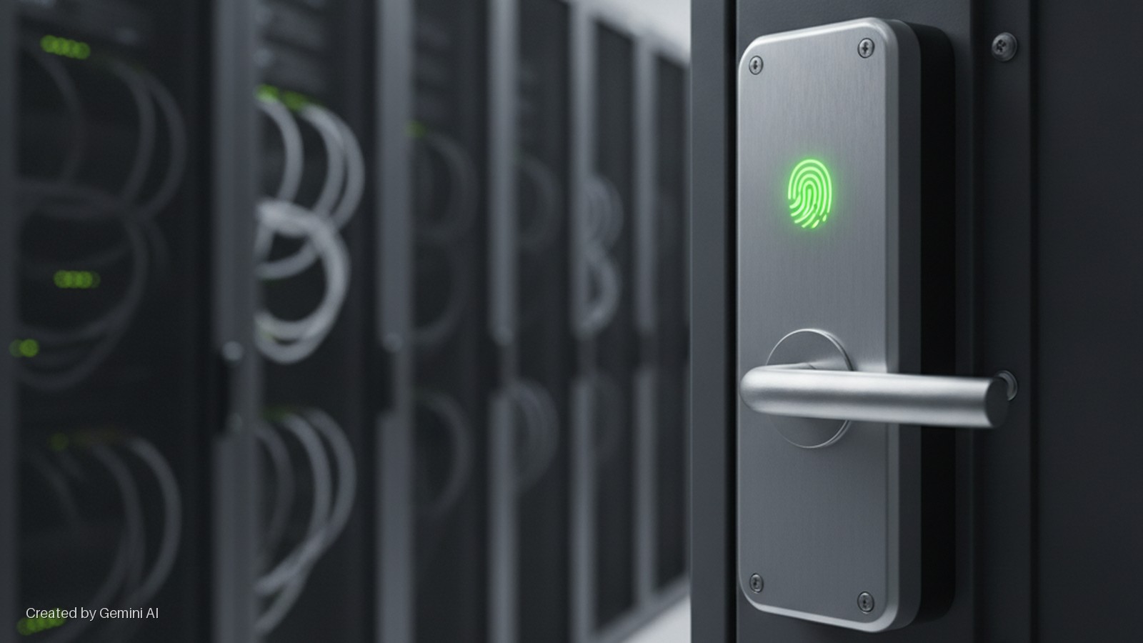 A close-up of a metal door handle with a glowing green fingerprint reader securing a door, set against a blurred background of server racks with green indicator lights and white cables in a data center.