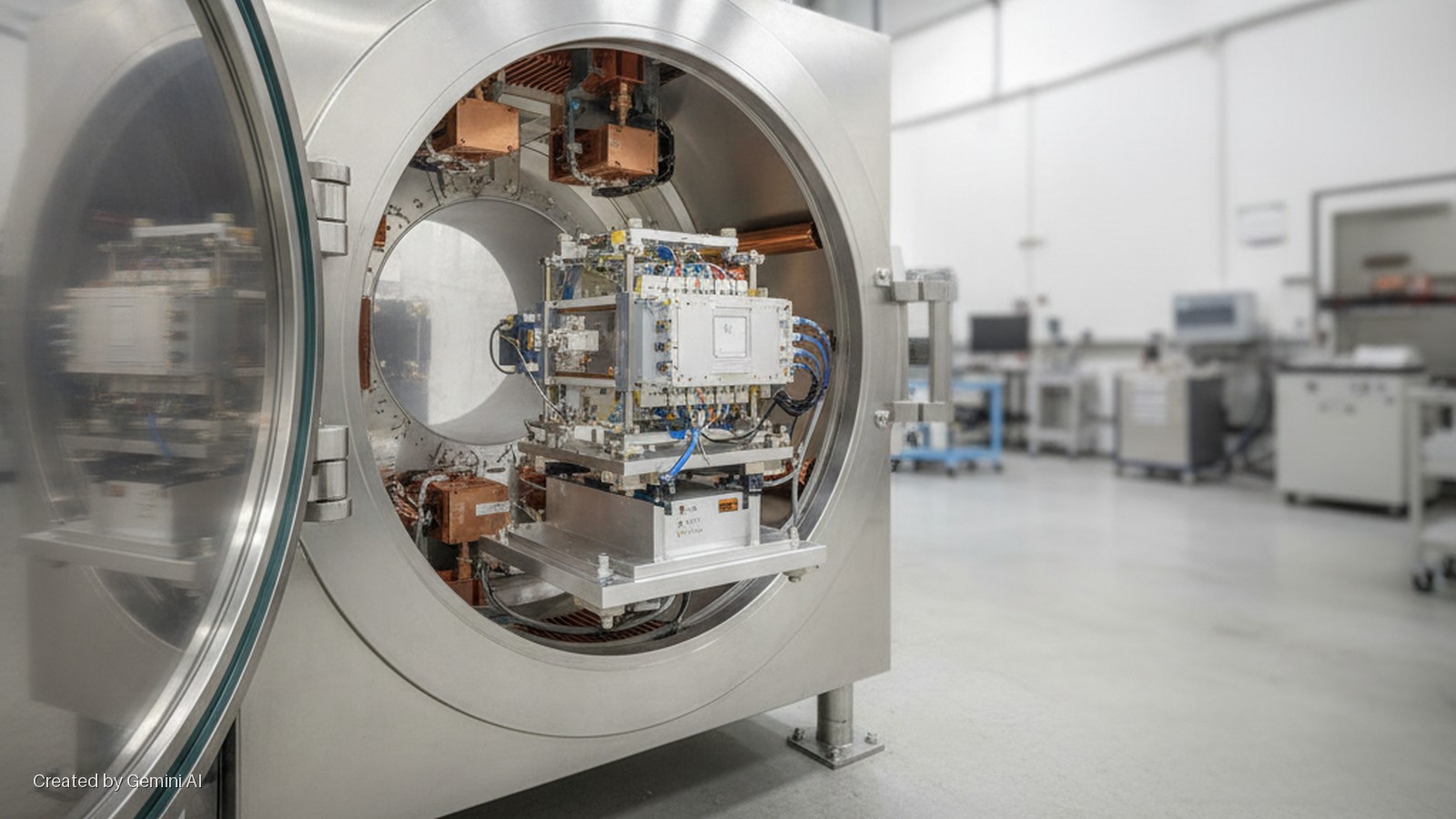 An open, large, round stainless steel test chamber with its door ajar, containing a mounted assembly of electronic modules, wires, and copper components, is situated in a brightly lit laboratory with blurred scientific instruments in the ba