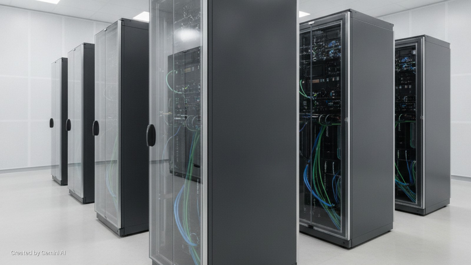 A brightly lit data center features a row of grey server racks with glass doors, revealing servers and blue and green network cables inside.