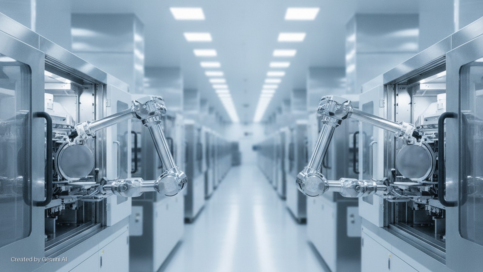 Two robotic arms position circular wafers within manufacturing machines lining a brightly lit, sterile cleanroom corridor.