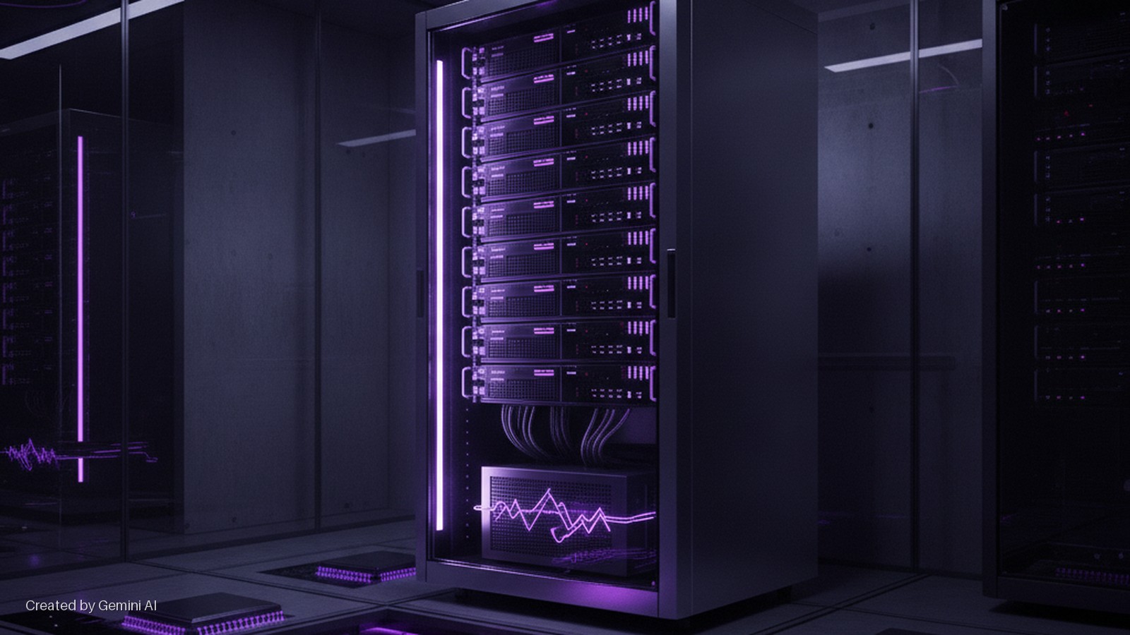 A dark data center features a large server rack with glowing purple lights, surrounded by glass panels and illuminated integrated circuits on the floor.