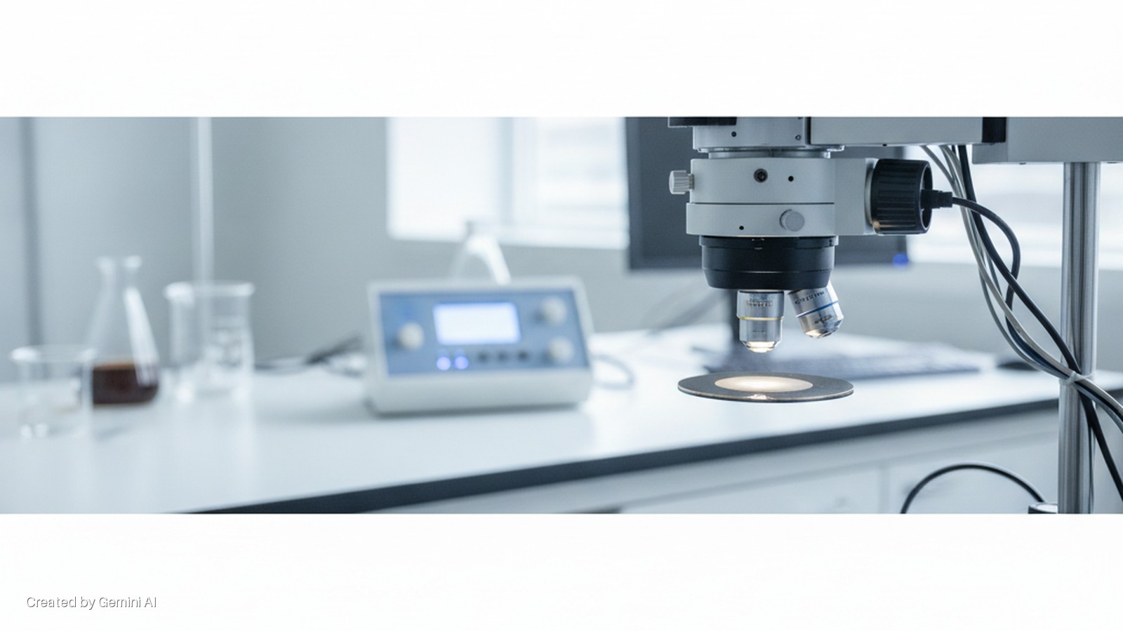A brightly lit laboratory features a microscope with an illuminated stage and objective lenses on a white bench, alongside blurred beakers and a control panel in the background.