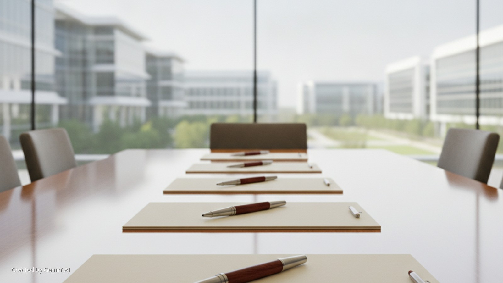 A modern conference room, bathed in natural light, features a polished wooden table set with pens and notepads, surrounded by office chairs, and overlooks a blurred office park through a large window.