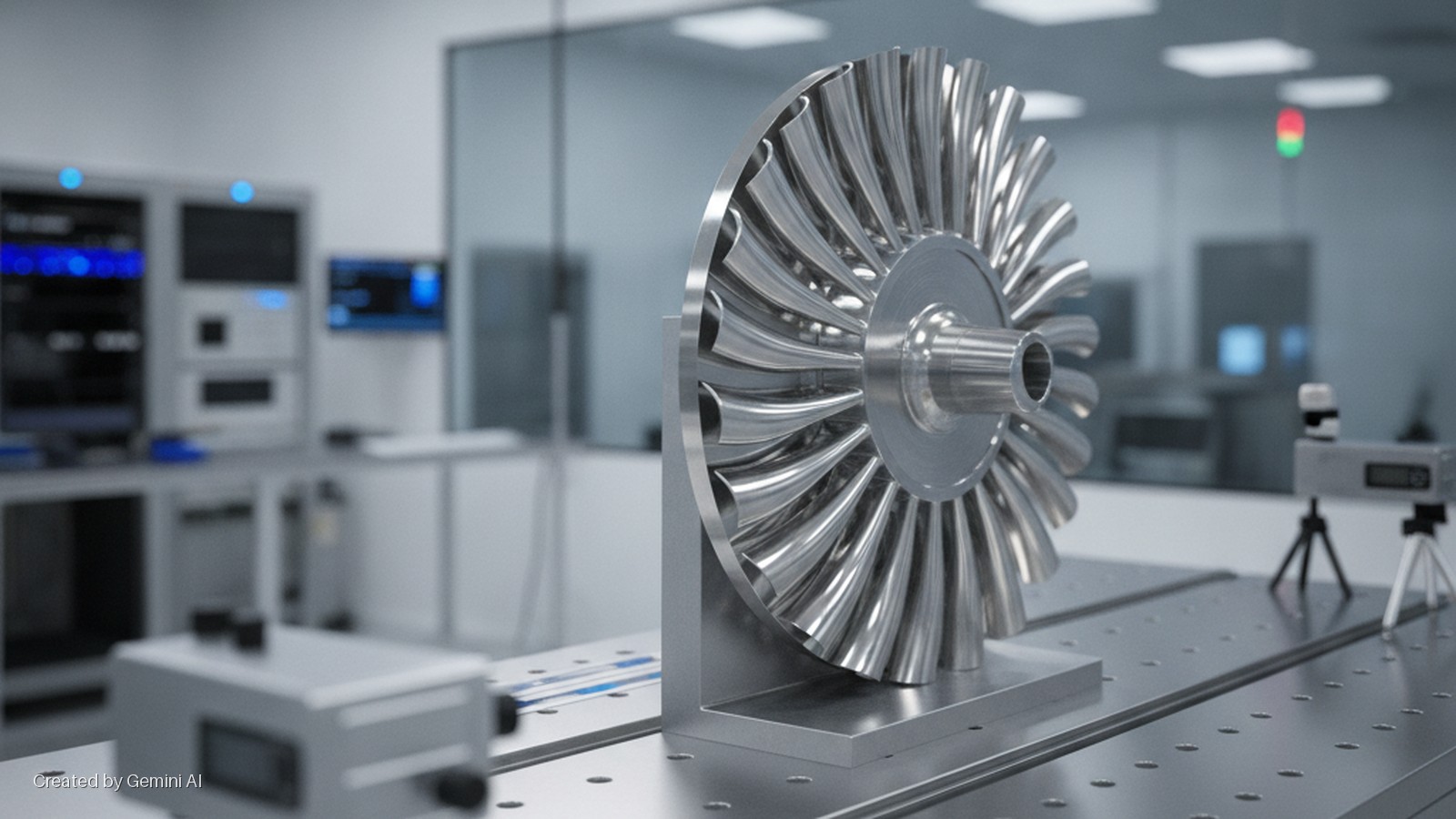 A polished metallic blisk is precisely mounted on a measurement table in a brightly lit engineering laboratory, surrounded by laser metrology instruments and electronic control systems.