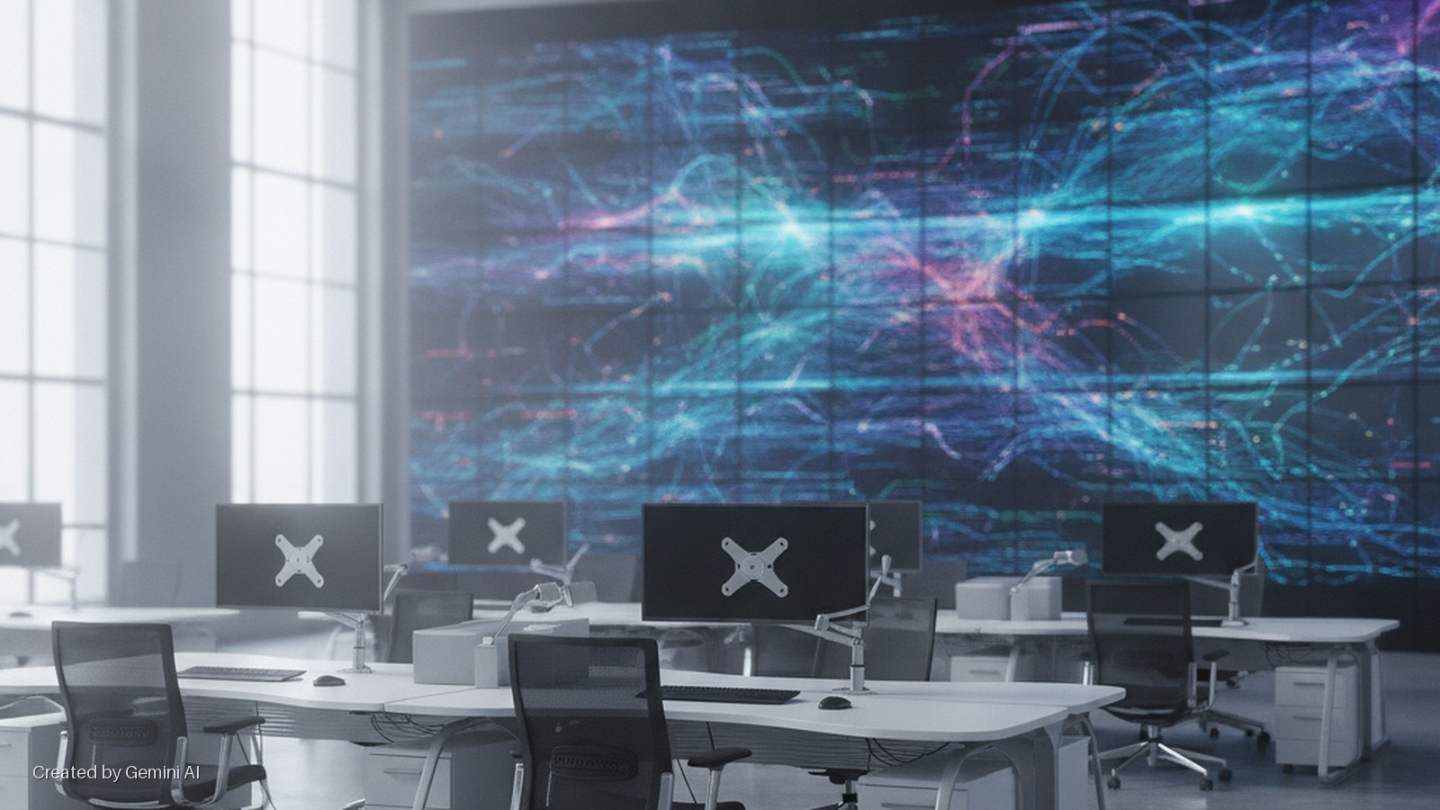 A brightly lit modern open-plan office features rows of workstations with monitors, keyboards, and ergonomic chairs, facing a large display wall exhibiting an abstract blue and purple data visualization.
