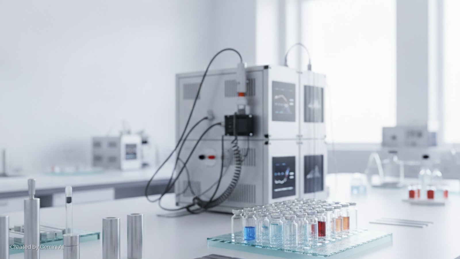 A bright, modern laboratory features a large, wired analytical machine with screens displaying data, positioned behind a rack of small clear vials, some containing colorful liquids, on a white lab bench.