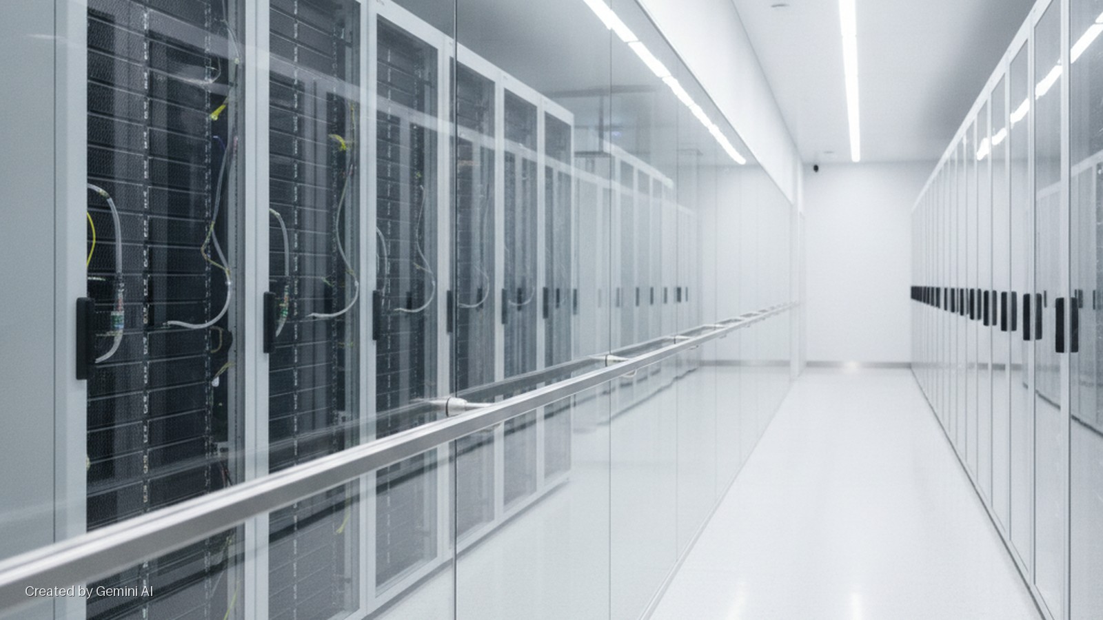 A brightly lit, modern data center hallway features server racks with visible cabling behind clear glass walls on the left and rows of server racks with black handles behind glass on the right, separated by a polished metal railing.