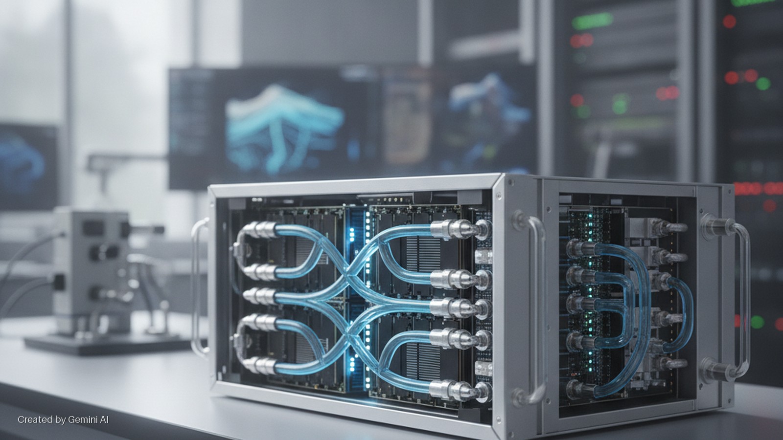 A liquid-cooled server component with glowing blue tubes is centered on a table in a brightly lit data center or lab, with blurred computer monitors and server racks in the background.