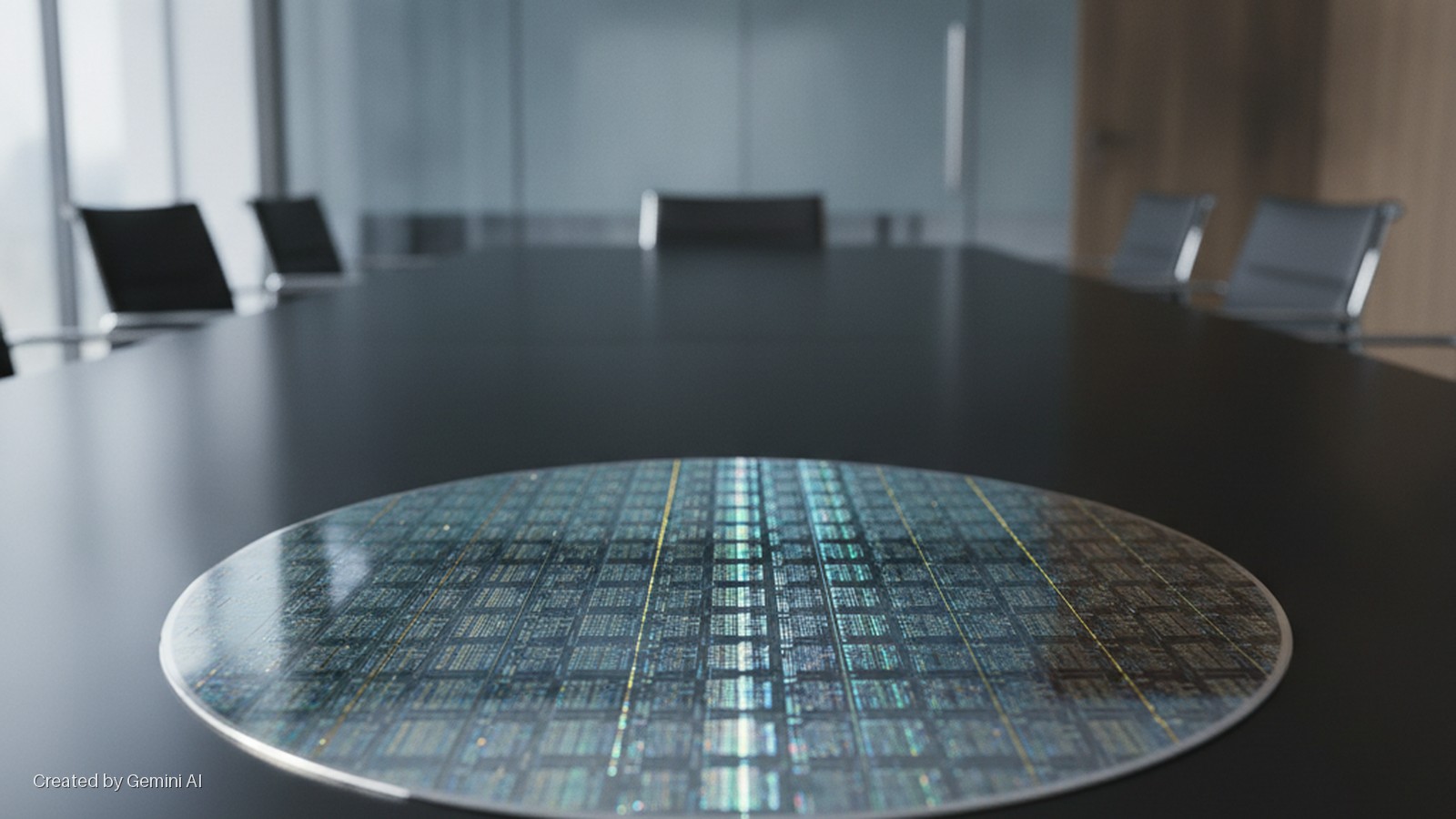 A silicon wafer displaying integrated circuit patterns lies on a dark conference table in a brightly lit conference room, with blurred office chairs and windows in the background.