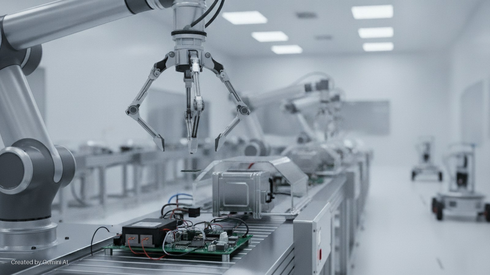 Robotic arms assemble a circuit board and electronic components on a conveyor belt in a brightly lit, sterile factory, with mobile robots in the background.