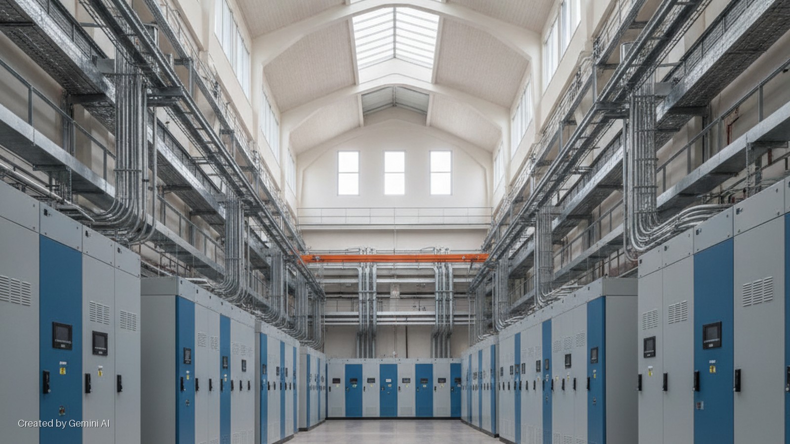 Brightly lit industrial hall with long rows of gray and blue electrical cabinets, overhead cable trays, conduits, and an orange crane beam, illuminated by skylights and upper windows.