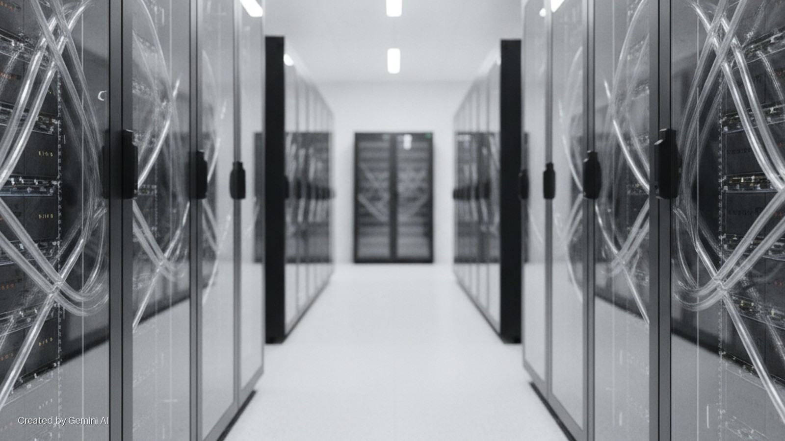 A brightly lit, clean data center aisle is lined with server racks featuring transparent doors that reveal internal components and clear intertwined tubing.