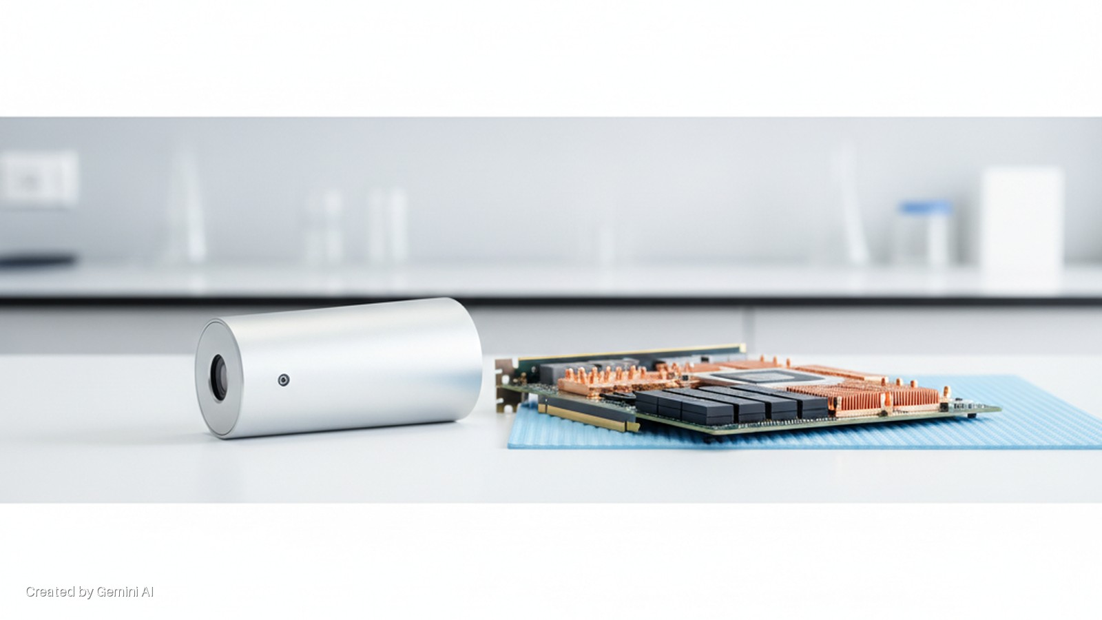 A silver cylindrical device and a circuit board with copper heatsinks and black components rest on a blue mat on a bright white laboratory tabletop.