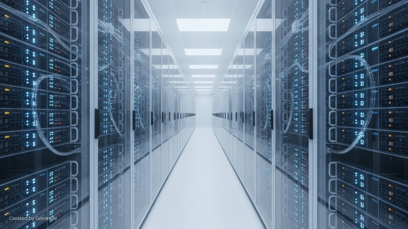 A brightly lit data center corridor with rows of server racks on both sides, displaying glowing blue and yellow indicator lights and transparent cabling.