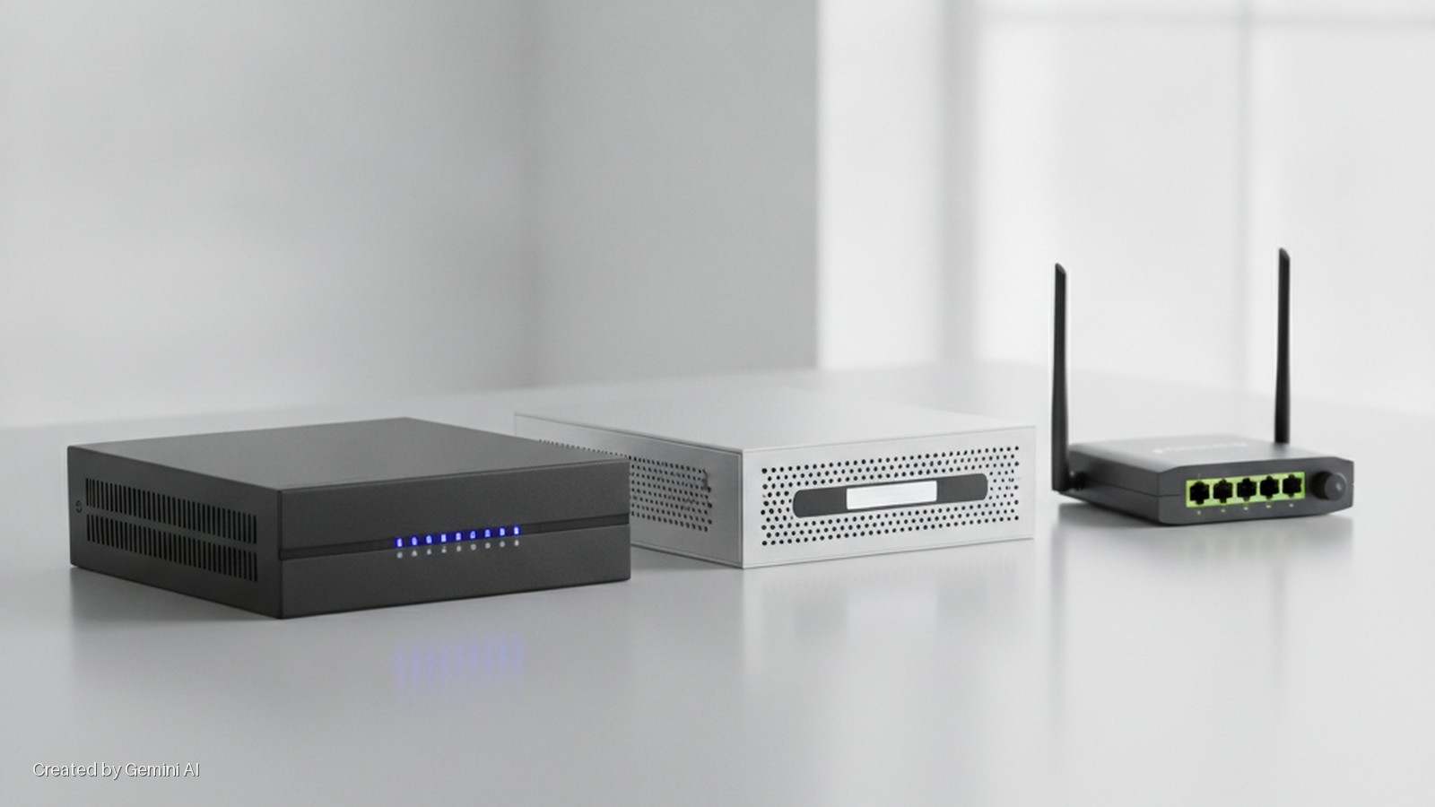 Three network appliances, a black unit with blue indicator lights, a silver unit with perforated sides, and a small black router with two antennas and four green Ethernet ports, are arranged on a light-colored surface under bright, even lig