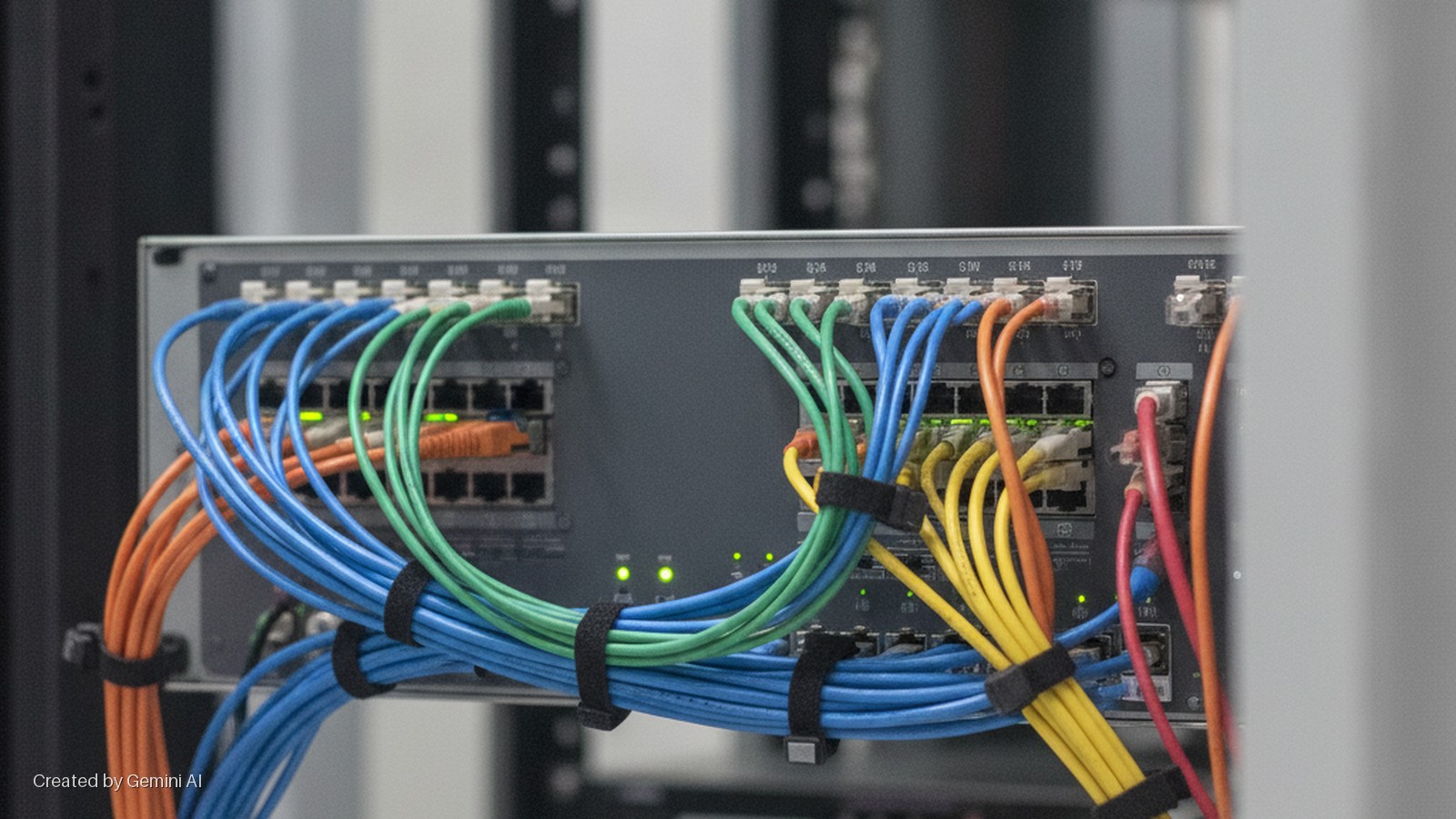 A network switch in a server rack, densely populated with colorful ethernet cables secured by velcro ties, displays illuminated green activity lights.
