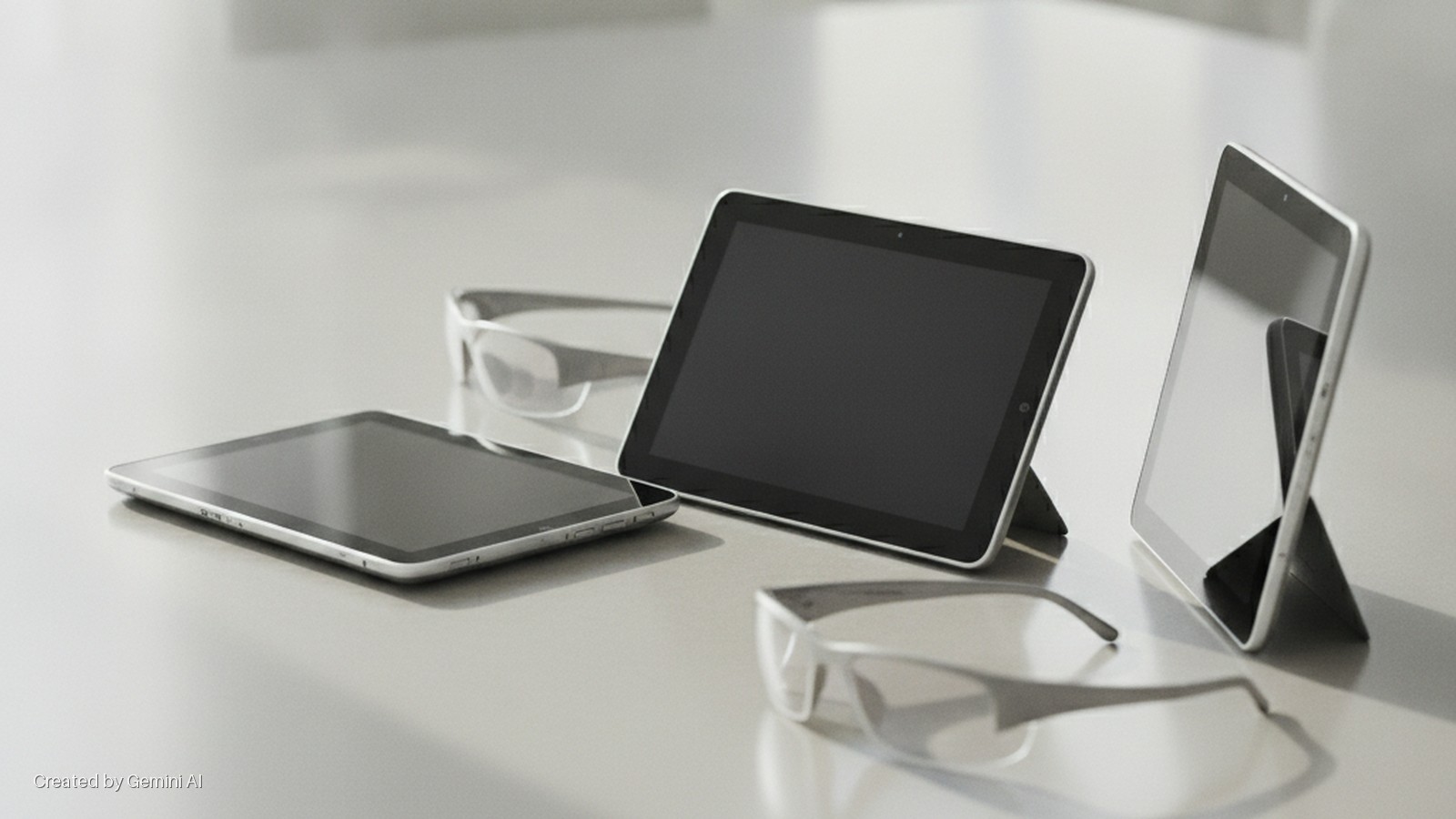 Three silver-edged tablets with black screens and two pairs of transparent-framed glasses rest on a reflective light gray table under bright, soft lighting.