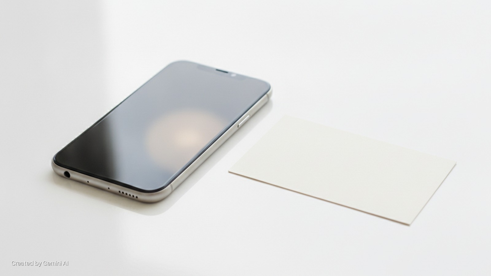 A silver smartphone with a dark screen lies next to a blank light beige card on a bright, softly lit white surface.