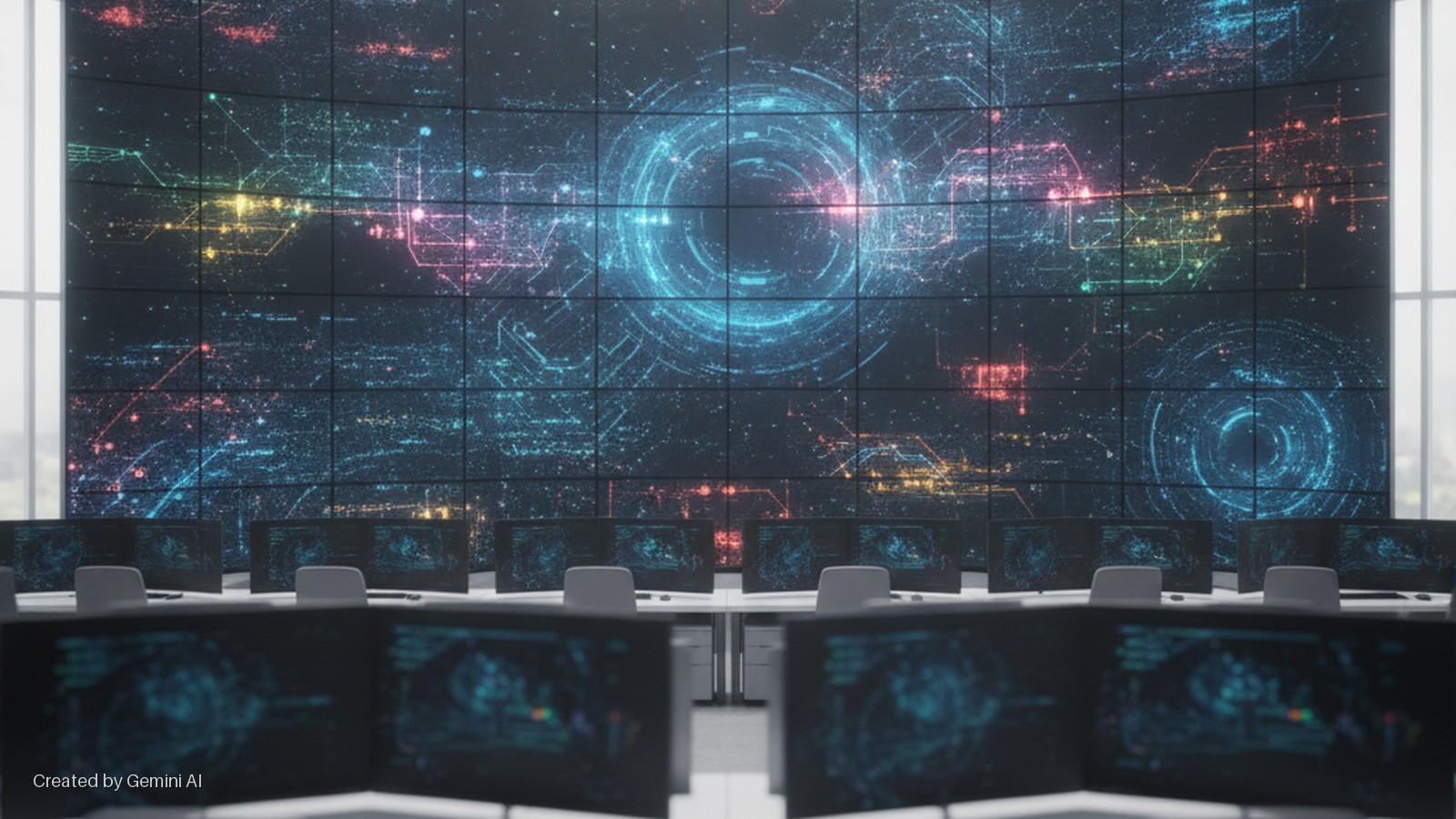 A control room features a large curved video wall displaying bright, colorful digital network patterns and a central glowing blue circle, with rows of computer desks and chairs in the foreground, lit by the screens and natural light from ta