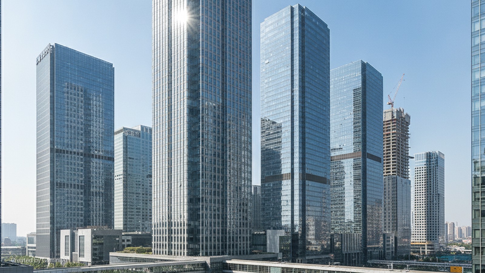 A modern city skyline featuring multiple glass skyscrapers, a building under construction with a crane, and bright sunlight reflecting off a central tower, with connecting walkways visible at the base.