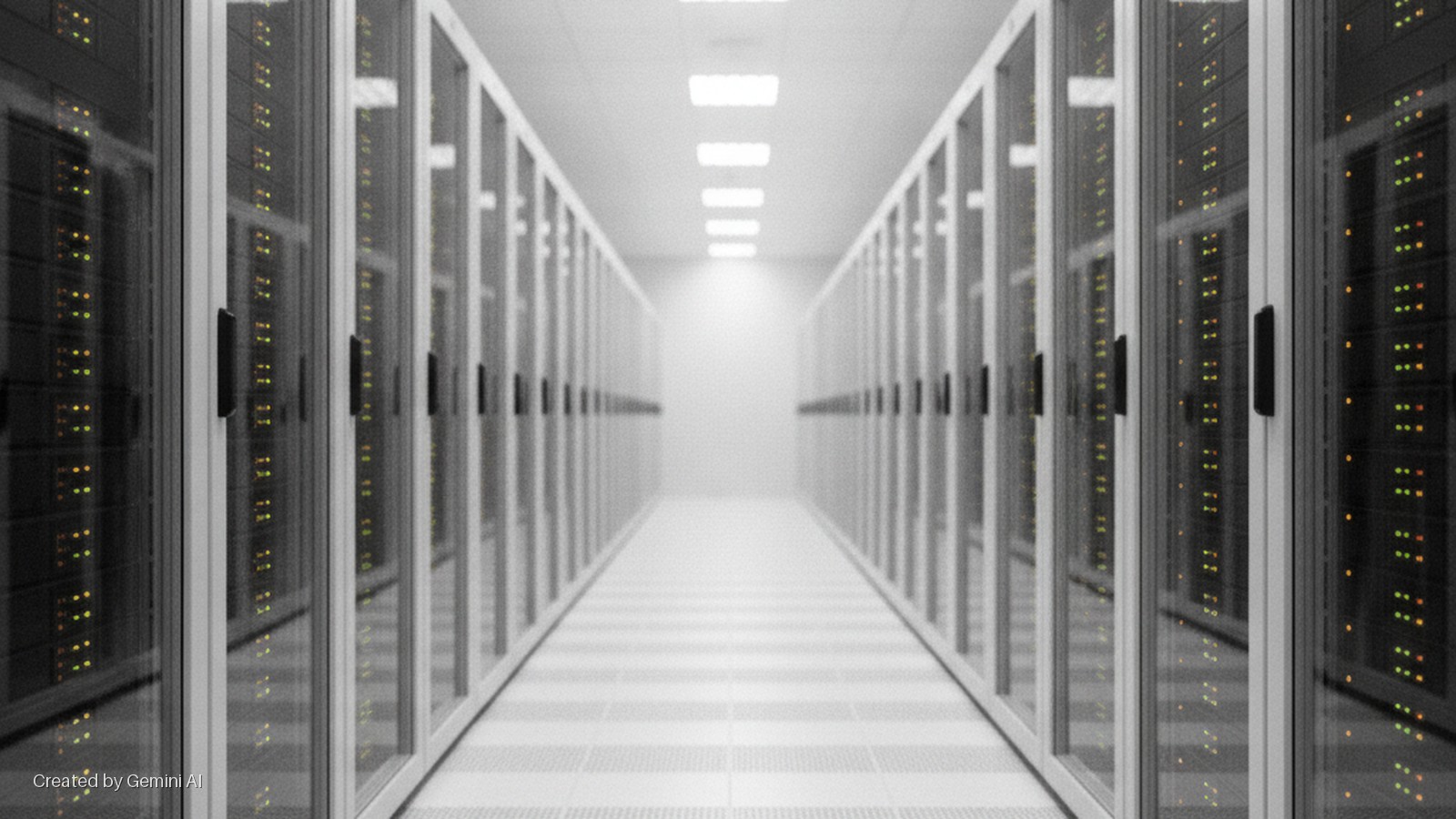 A long, brightly lit data center aisle is lined with white server racks, their glass doors revealing glowing green and amber indicator lights and black handles, extending into the distance under overhead square fluorescent lights.