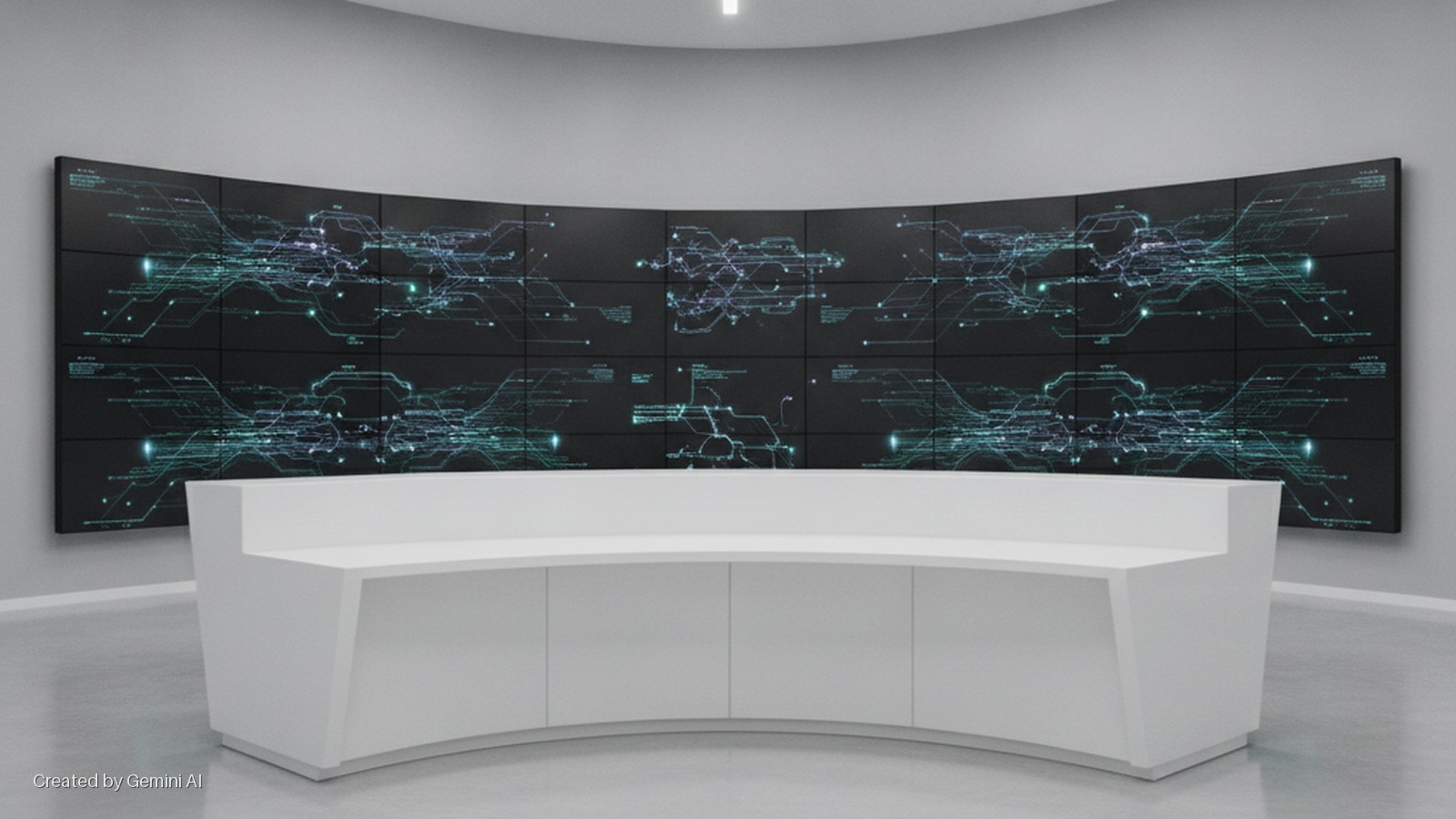 A large curved video wall displaying abstract blue and green data patterns sits above a white curved console desk in a brightly lit modern control room.