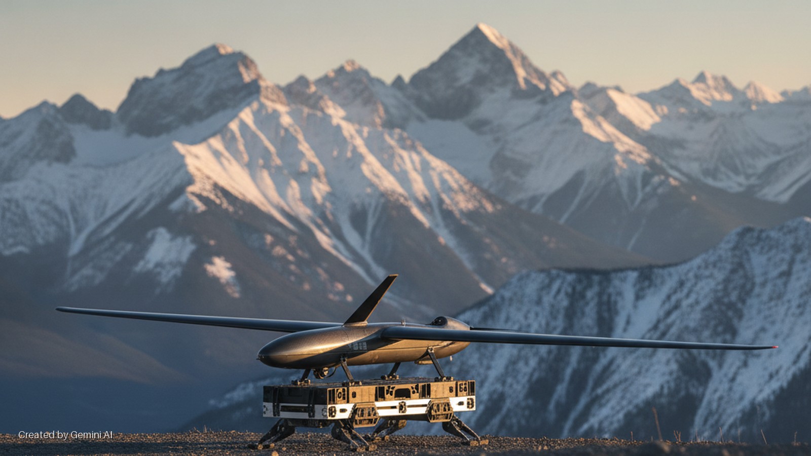 A grey fixed-wing drone rests on a legged robotic launch platform on rocky ground, with sunlit snow-capped mountains in the background at golden hour.