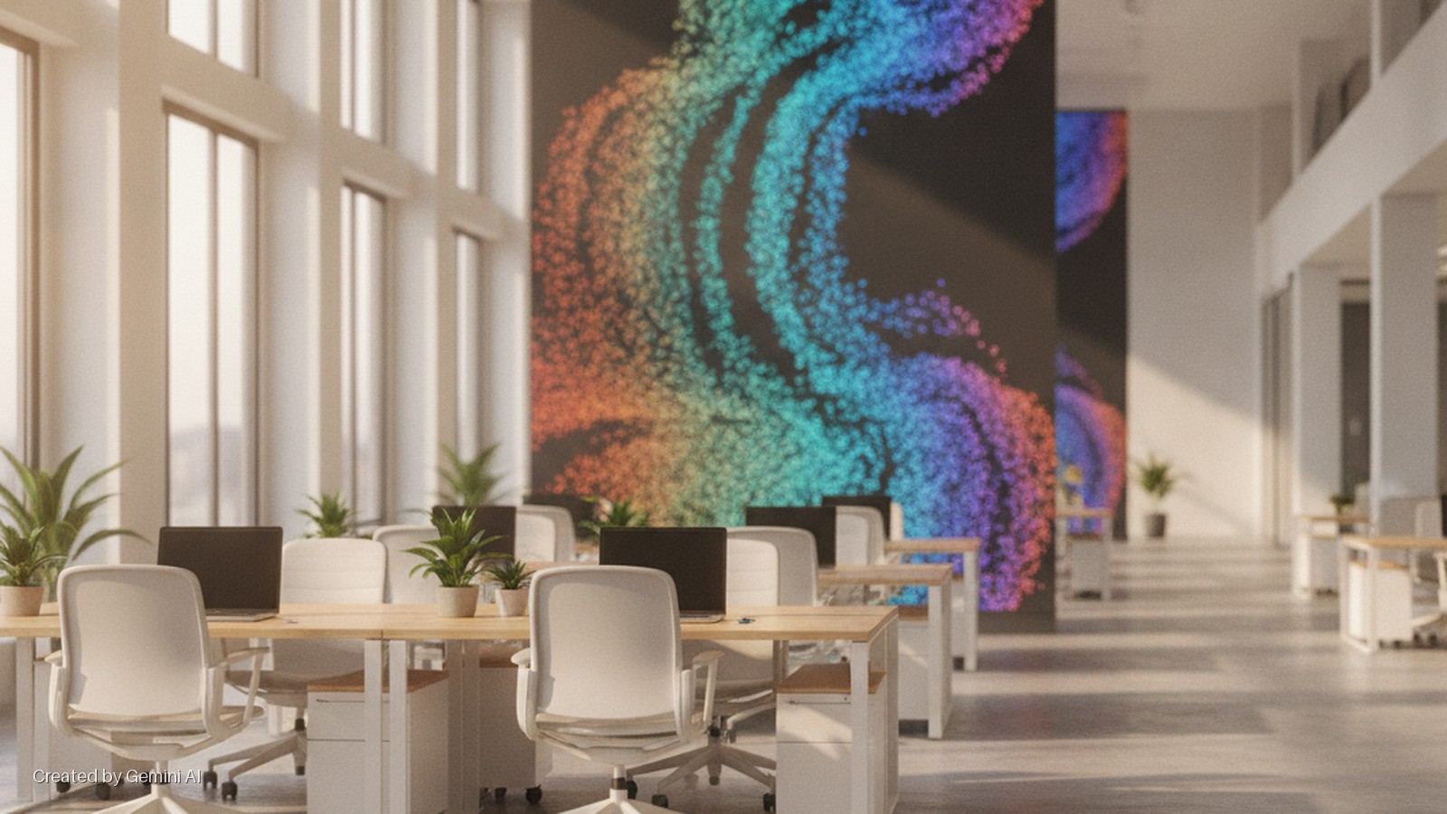 A bright, modern office features rows of light wooden desks with white chairs, laptops, and potted plants, fronting large windows and a dark wall displaying a vibrant, swirling pattern of colorful light particles.