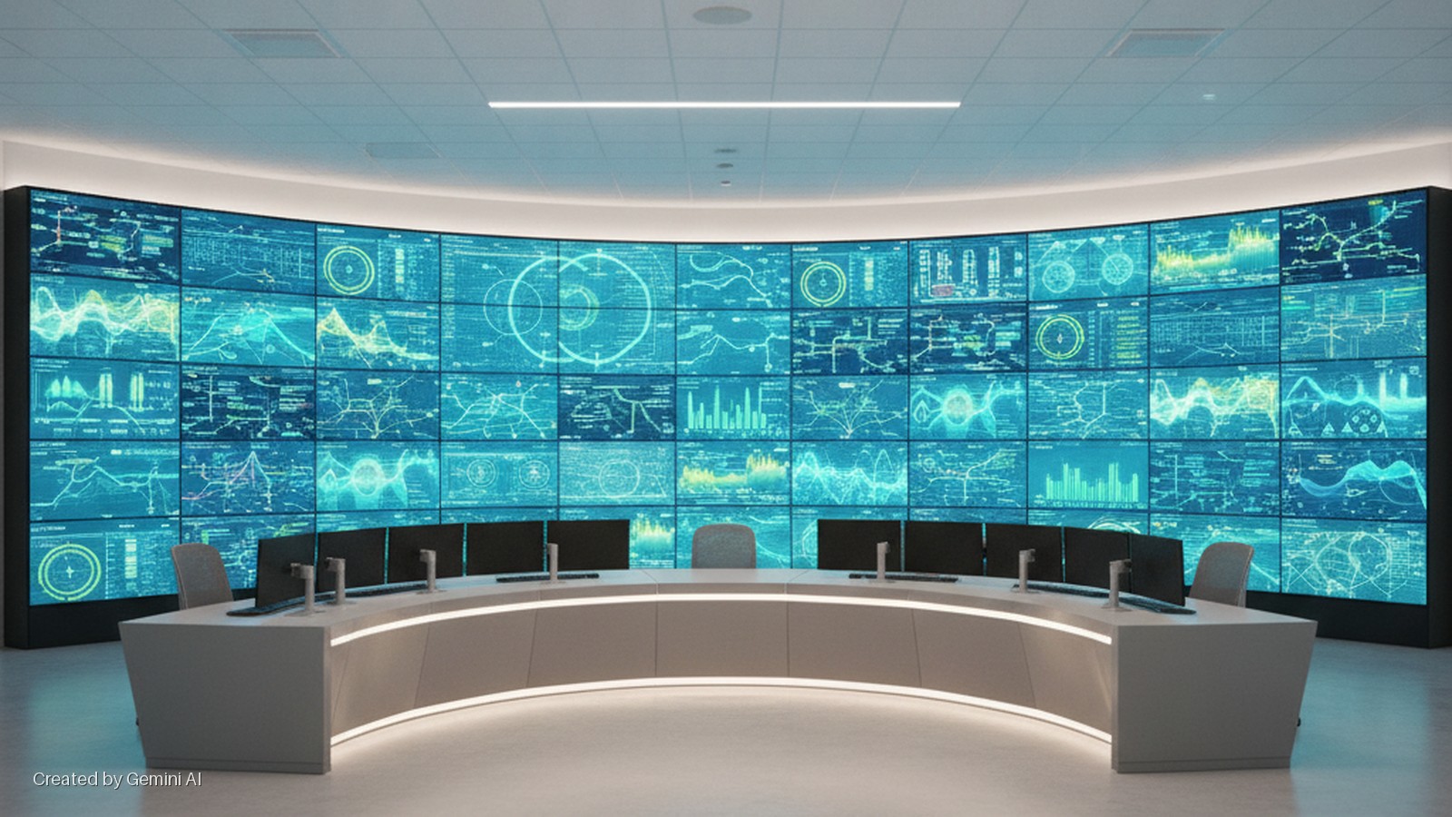 A brightly lit, modern control room features a large, curved video wall composed of dozens of screens displaying various blue and green data visualizations, fronted by a curved white desk equipped with multiple computer monitors and office 