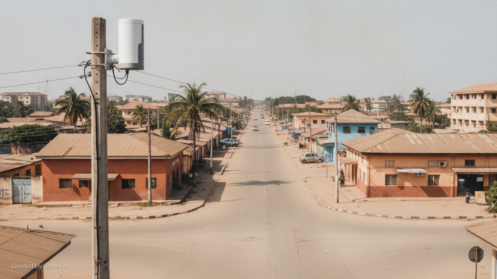A sunny street in a town or city is lined with low-rise buildings with corrugated metal roofs and palm trees, with a concrete utility pole mounting a cylindrical communication device in the left foreground.