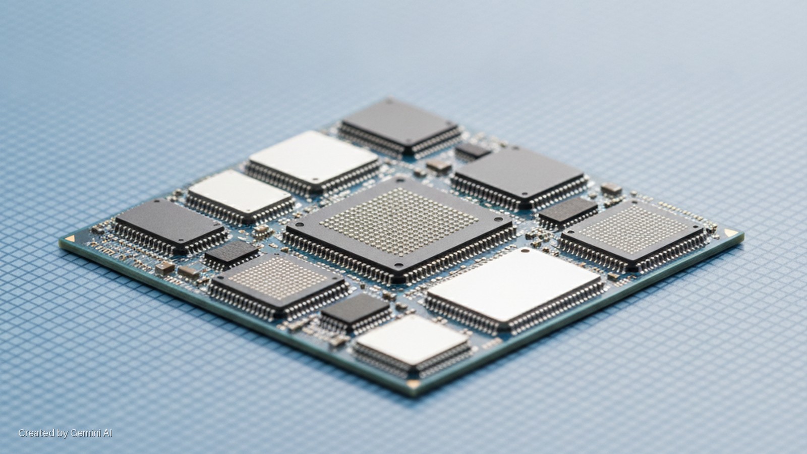 A blue circuit board populated with various black and white integrated circuits is angled on a light blue grid-patterned surface under bright, even lighting.