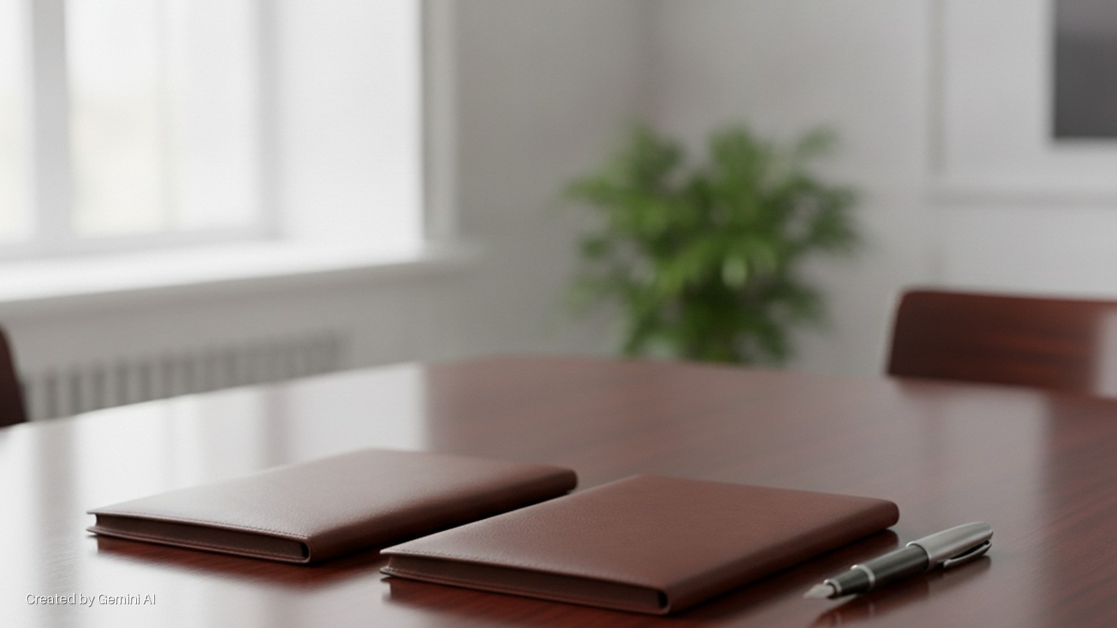 Two brown leather notebooks and a fountain pen rest on a polished wooden conference table, illuminated by bright window light in an office setting with a blurred plant and chair in the background.