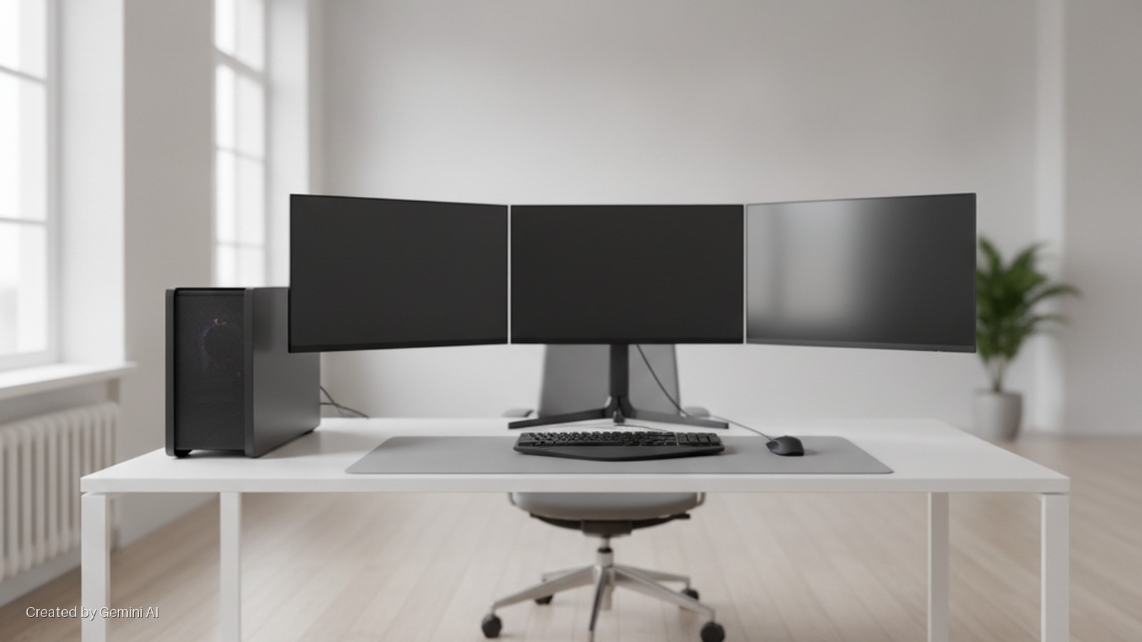 A bright modern office workspace features a white desk with three black computer monitors, a tower, keyboard, mouse, and an office chair, illuminated by natural light from windows and featuring a potted plant in the background.