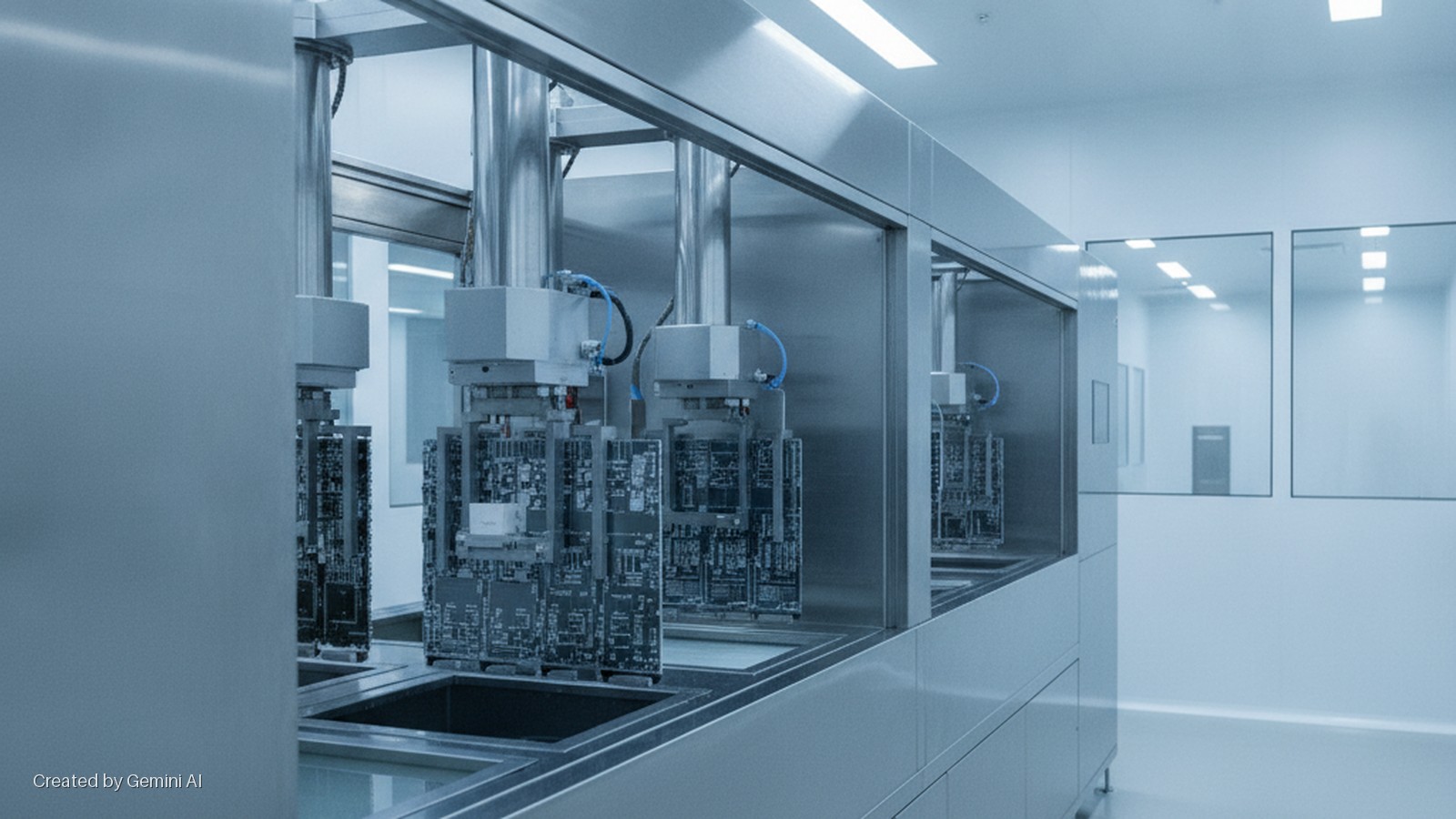 Circuit boards are submerged in liquid baths by robotic mechanisms within a bright, industrial cleanroom featuring stainless steel equipment and glass walls.