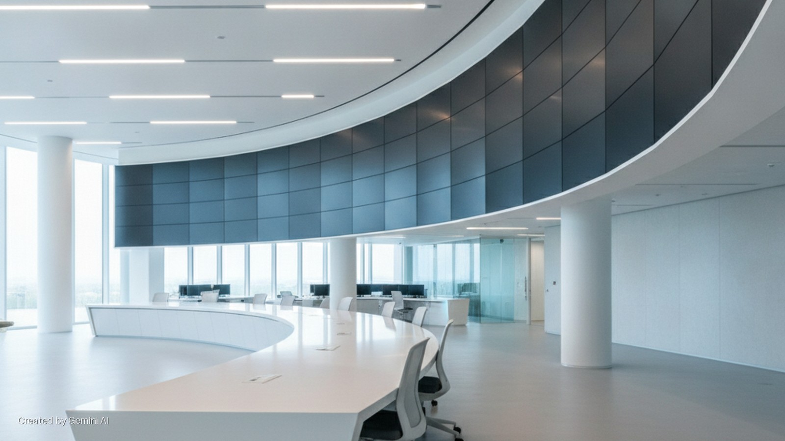 A modern, brightly lit office features a long, curved white conference table with chairs, beneath a large curved multi-panel display wall, with linear ceiling lights and tall windows along the perimeter.
