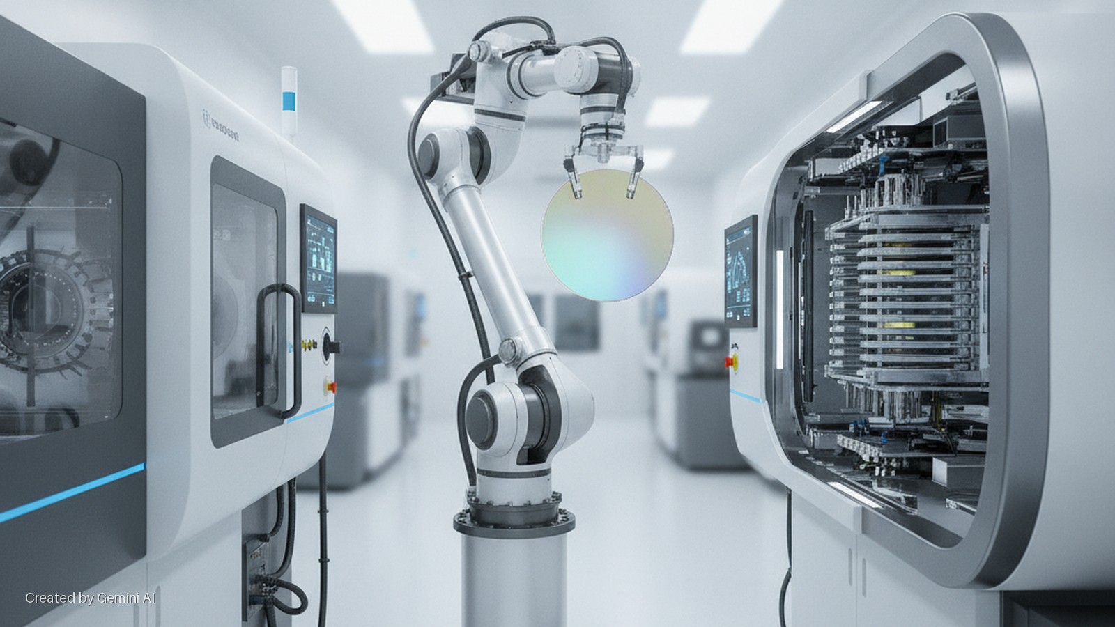 A robotic arm holds an iridescent silicon wafer between two large, white industrial machines with digital screens, set in a bright cleanroom.