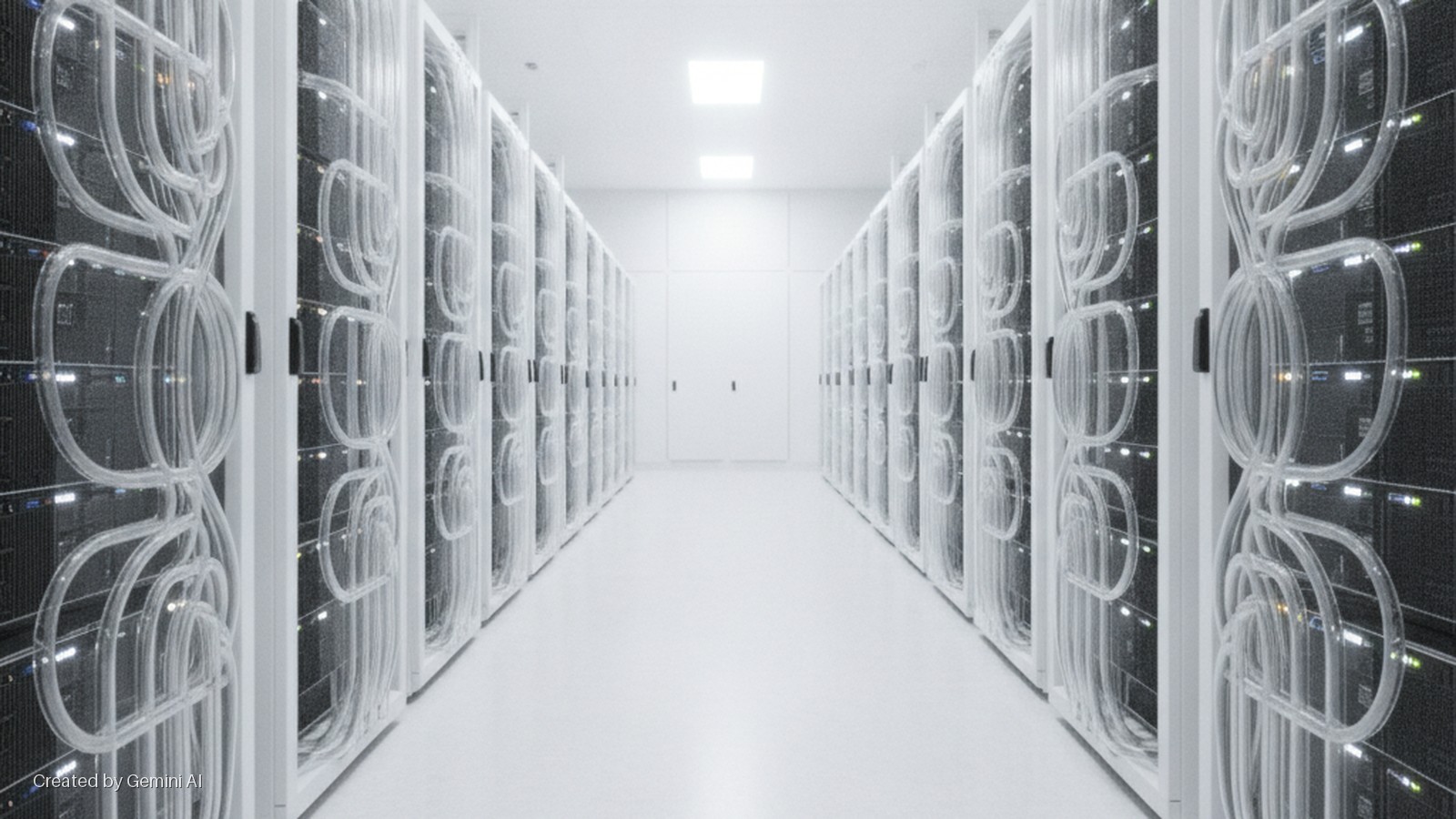 A long, brightly lit data center aisle is lined with two rows of white server racks, each featuring clear external tubing and internal blinking lights, leading to a plain white wall with two doors.