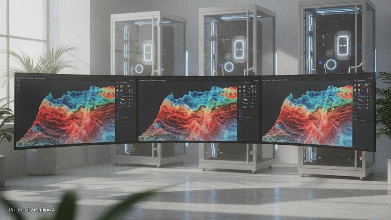 Three curved monitors display colorful 3D data in a bright room with a window, two potted plants, and three illuminated servers in glass cases, with natural light casting shadows on the concrete floor.