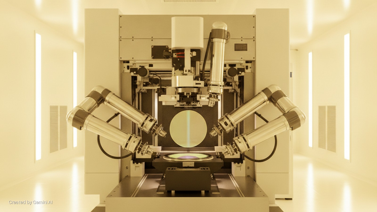 A semiconductor processing machine with four robotic arms is positioned around two silicon wafers within a brightly lit, yellow-toned cleanroom.